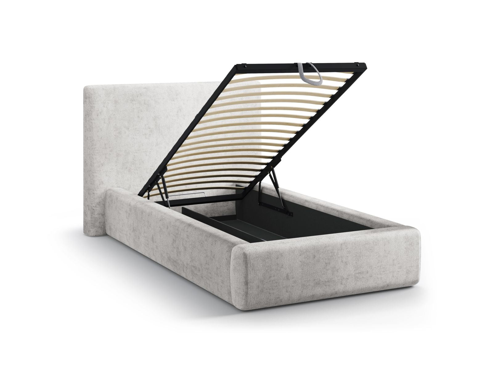 Modernes Amy Bett in hellem Grau, 90 cm breit, mit elegantem Kopfteil und praktischem Stauraum für mehr Ordnung im Schlafzimmer.