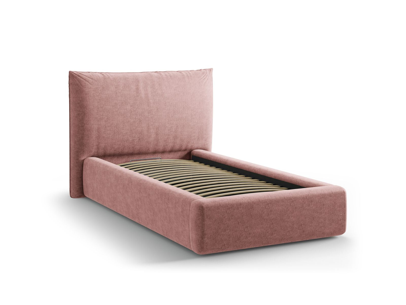 Stylisches Kaelle Bett mit 90 cm Breite, ausgestattet mit praktischem Stauraum und einem ansprechenden Kopfteil in Pink, ideal für moderne Schlafzimmer.