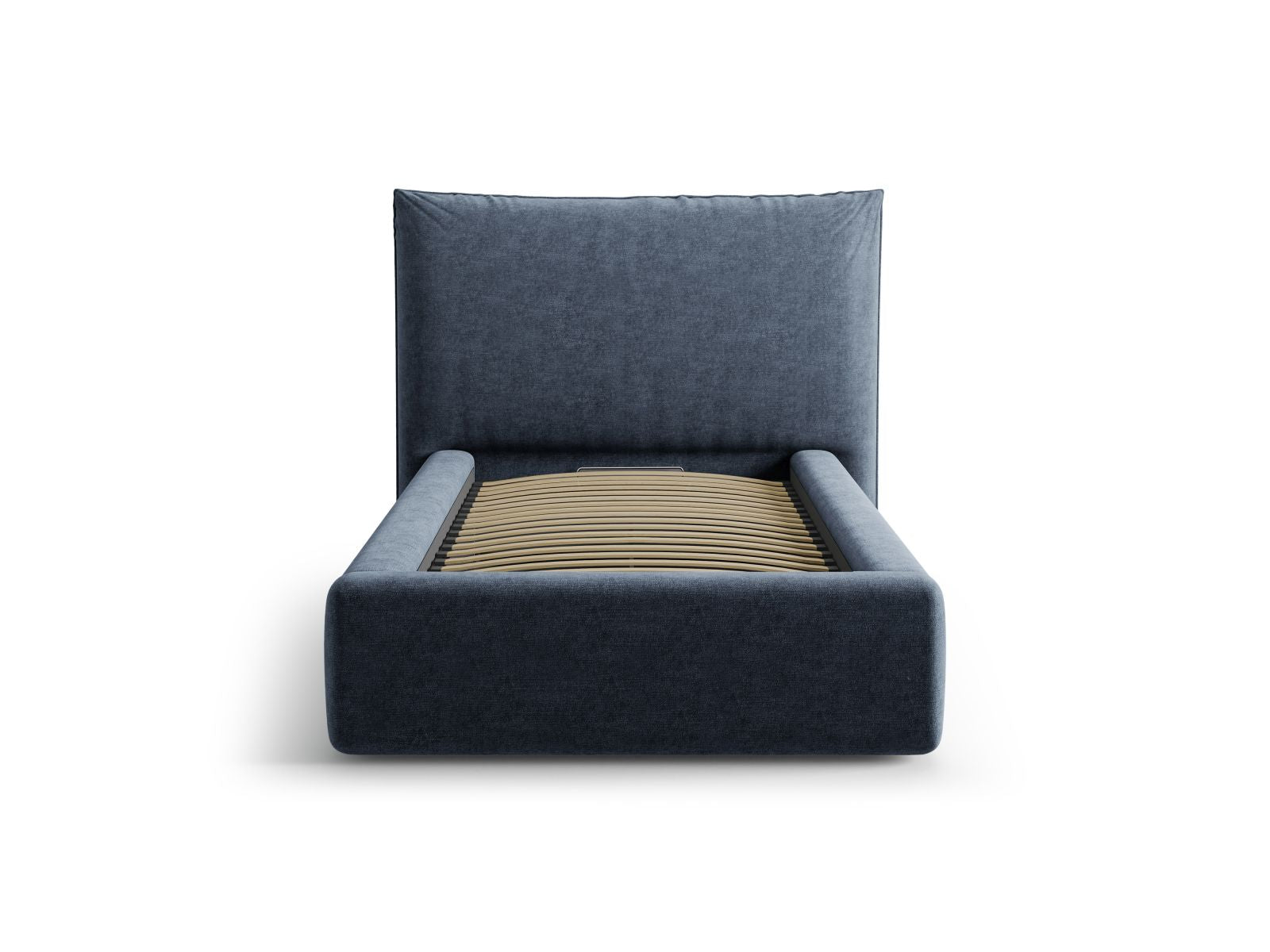 Elegantes Kaelle Bett mit 90 cm Breite, Stauraum und stilvollem Kopfteil in Dunkelblau, ideal für moderne Schlafzimmer.