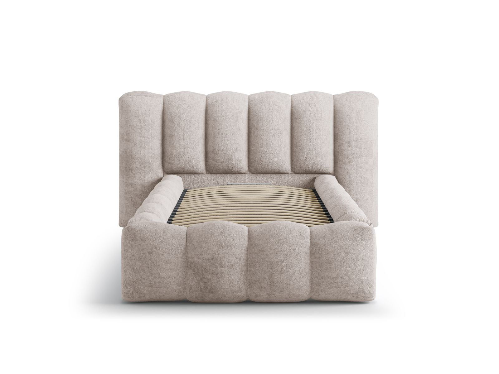 Elegantes Lupine Bett mit praktischem Stauraum und stilvollem Kopfteil in Beige, ideal für moderne Schlafzimmer. Von Micadoni.