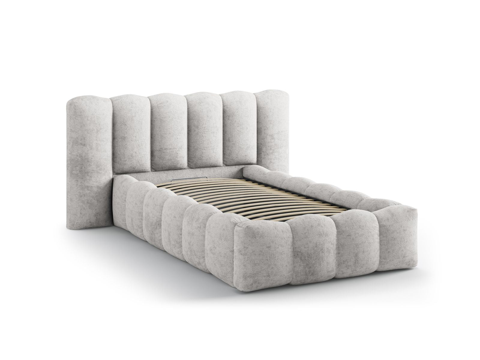 Stylisches Micadoni Bett Lupine in 90 cm Breite, bietet cleveren Stauraum und ein elegantes Kopfteil in sanftem Grau.