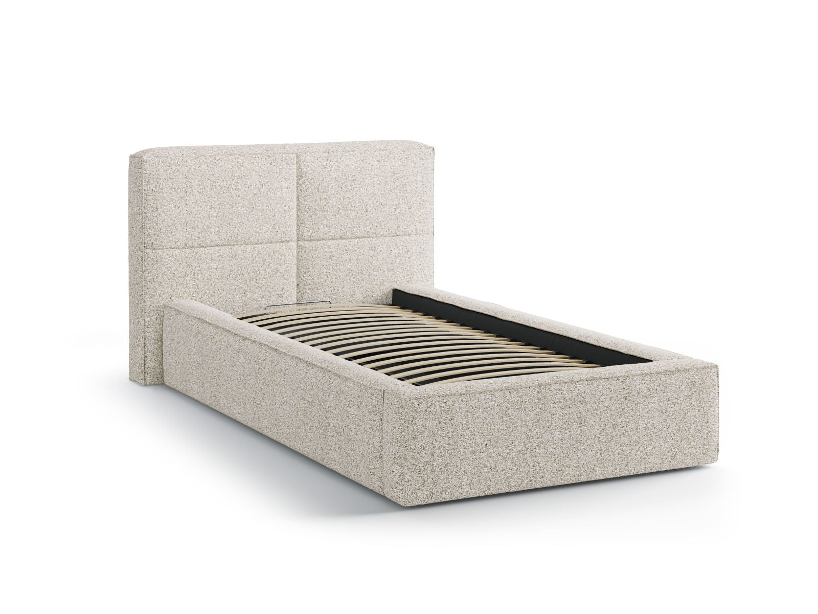 Elegantes Bett Darren mit 90 cm Breite, bietet cleveren Stauraum und ein geschmackvolles Kopfteil in sanftem Beige Melange.
