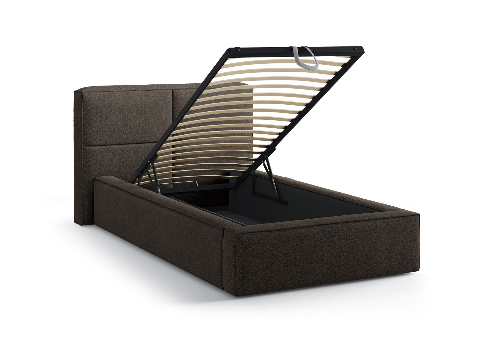 Elegantes Bett Darren mit 90 cm Kopfteil und integriertem Stauraum in Grau-Braun, perfekt für stilvolle und platzsparende Schlafzimmer.