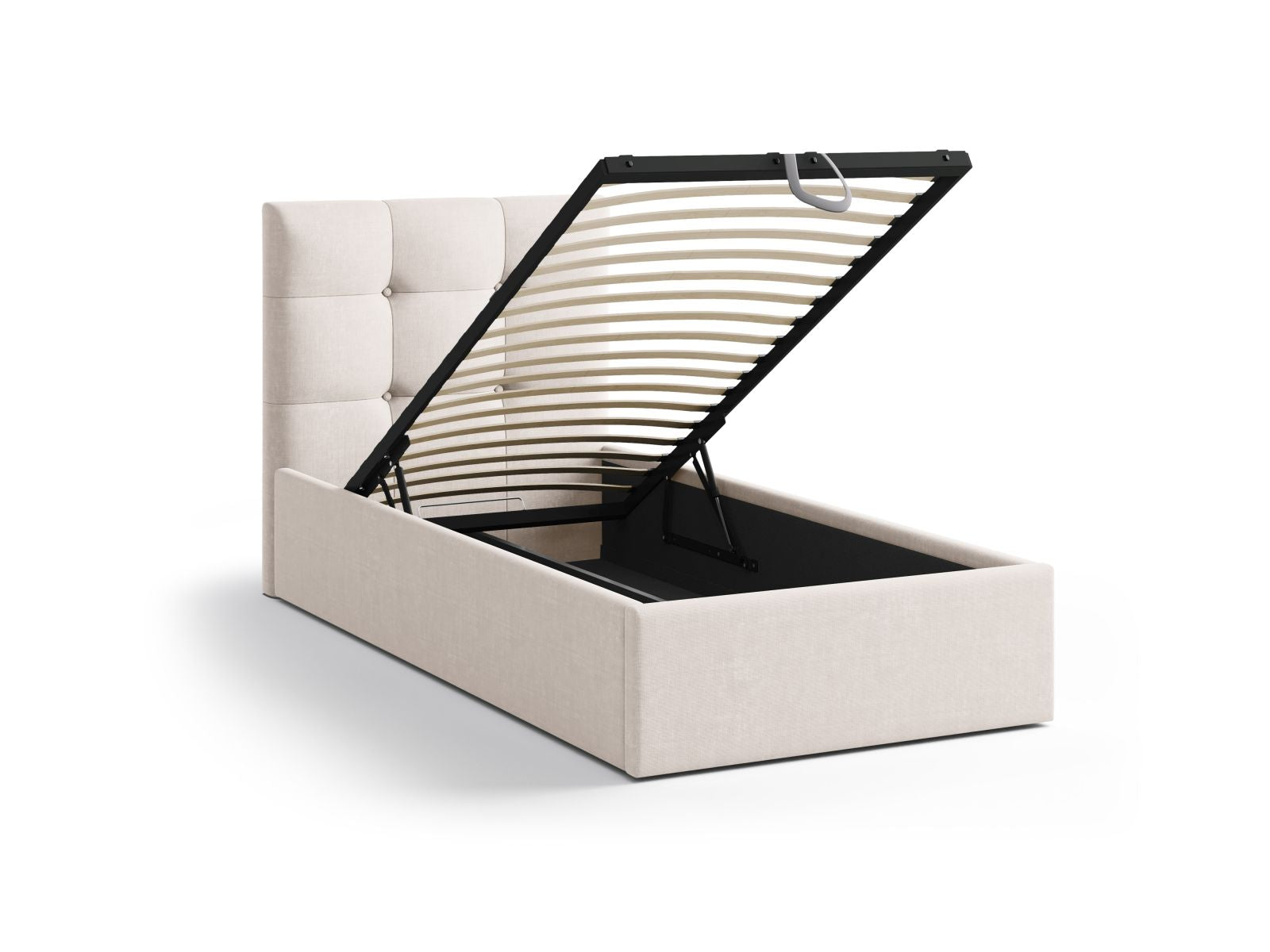 Stylisches Phaedra Bett mit 90 cm Breite, funktionalem Stauraum und geschmackvollem Kopfteil in Beige-Liberty, perfekt für zeitgemäße Schlafzimmer.
