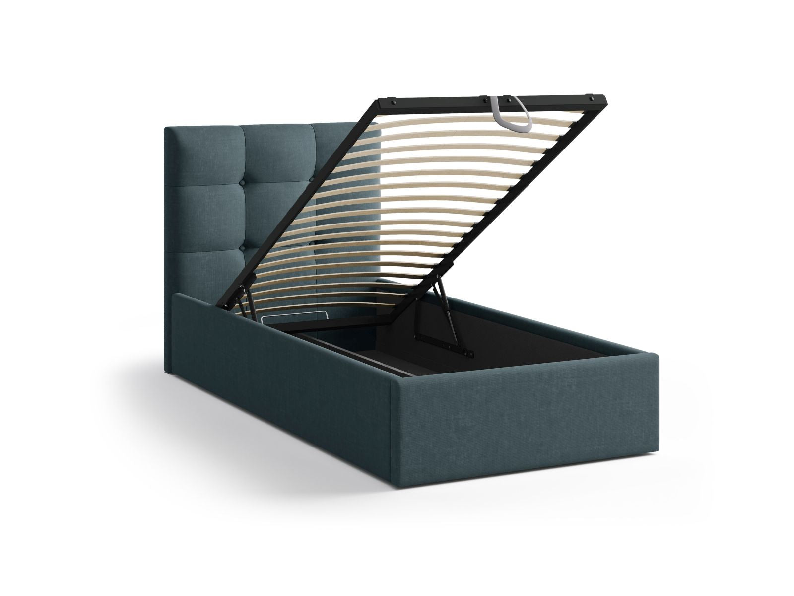 Stylisches Phaedra Bett in 90 cm, ausgestattet mit praktischem Stauraum und einem ansprechenden Kopfteil in dunklem Petrol, perfekt für moderne Schlafzimmer.