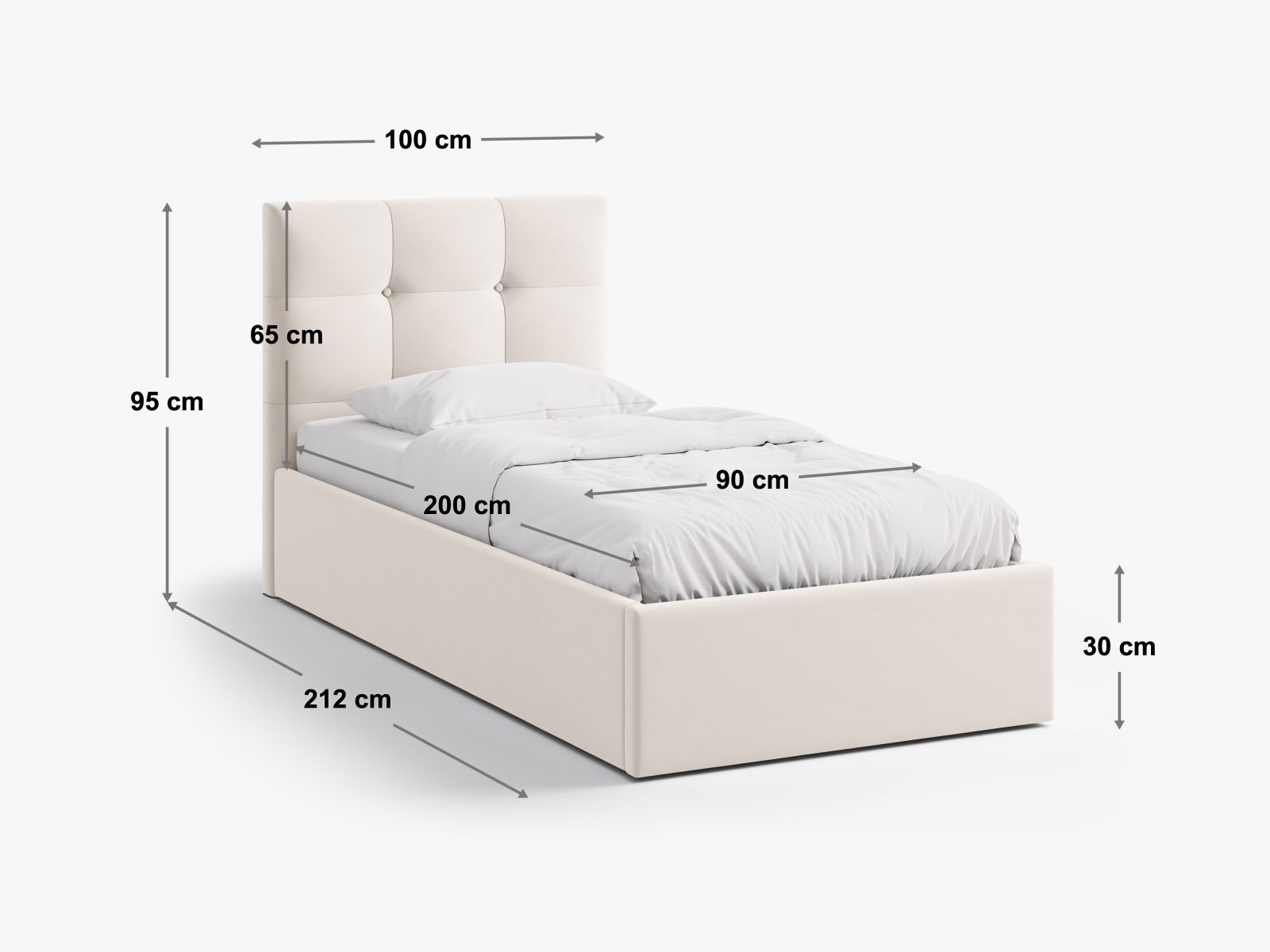 Stylisches Phaedra Bett mit 90 cm Breite, praktischem Stauraum und geschmackvollem Kopfteil in Grey-Liberty, perfekt für zeitgemäße Wohnräume.