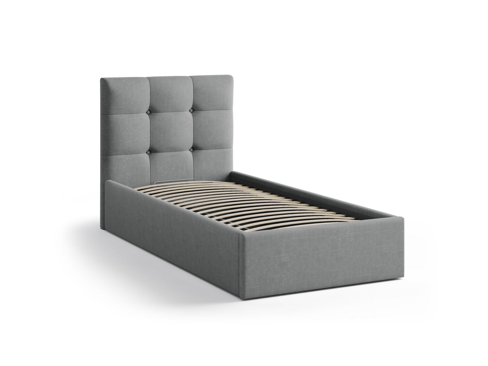 Modernes Phaedra Bett in 90 cm Breite, ausgestattet mit praktischem Stauraum und elegantem Kopfteil in Grey-Liberty, ideal für stilvolle Schlafzimmer.