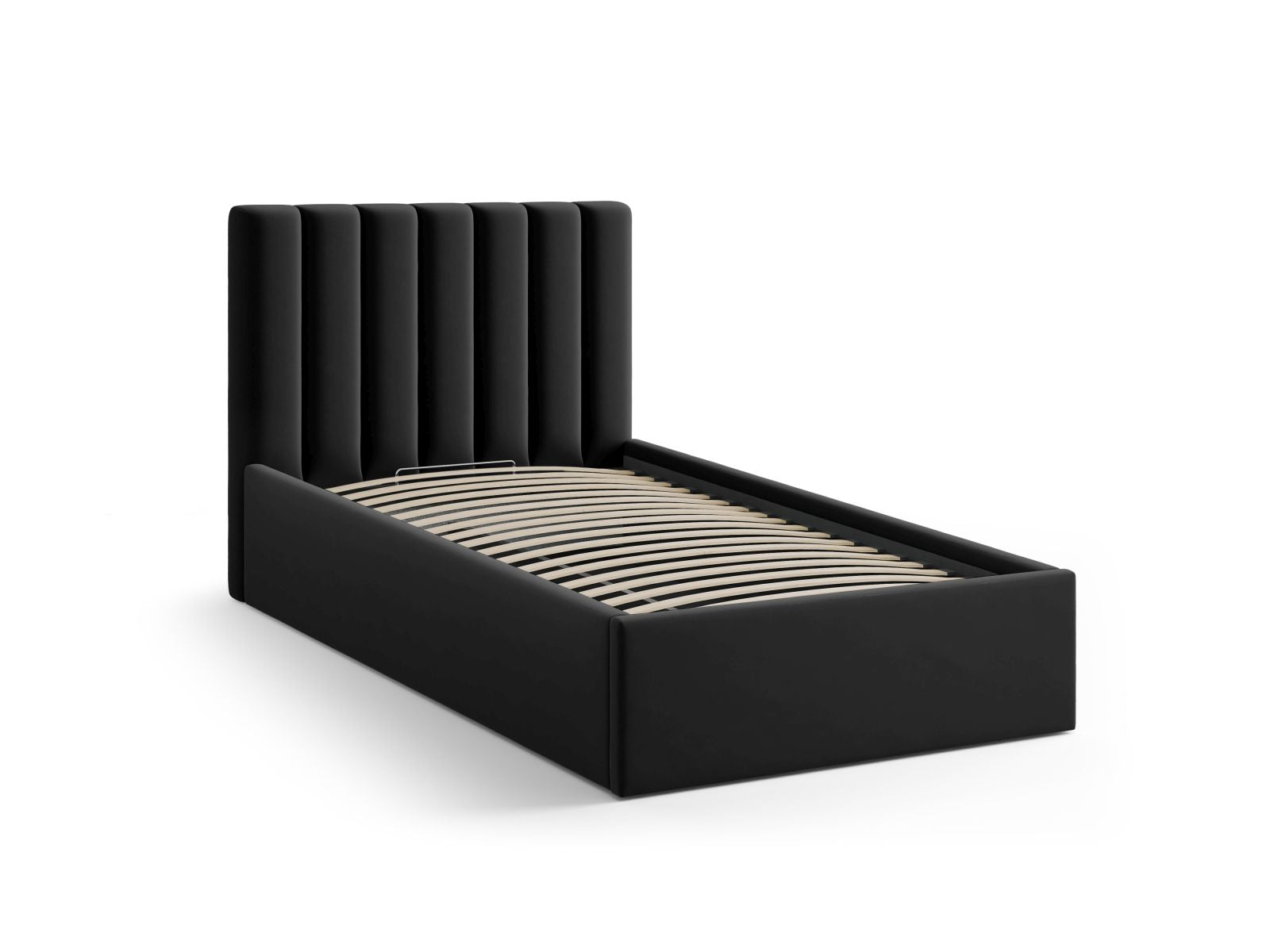 Elegantes Allison Bett mit 90 cm Breite, ausgestattet mit praktischem Stauraum und einem ansprechenden Kopfteil in Black-Bluvel, ideal für kompakte Schlafzimmer.