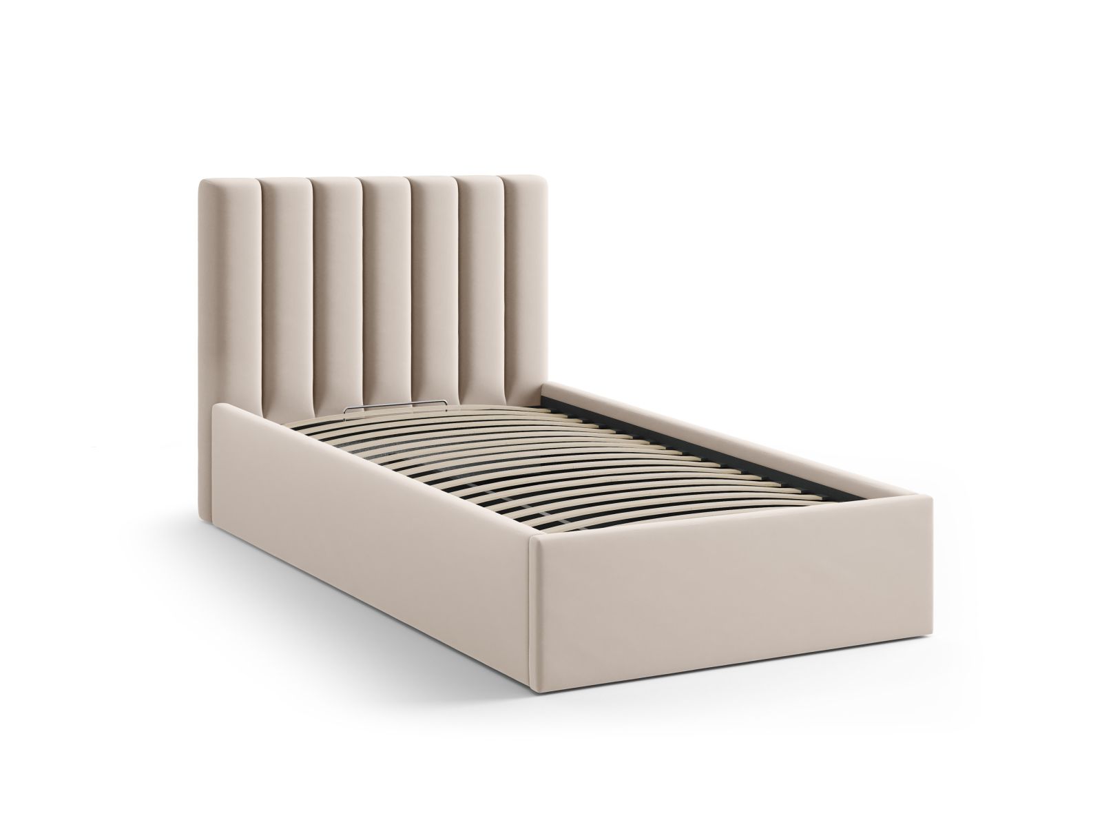 Modernes Bett Allison mit 90 cm Breite, ausgestattet mit praktischem Stauraum und einem stilvollen Kopfteil in elegantem Dunkelbeige.