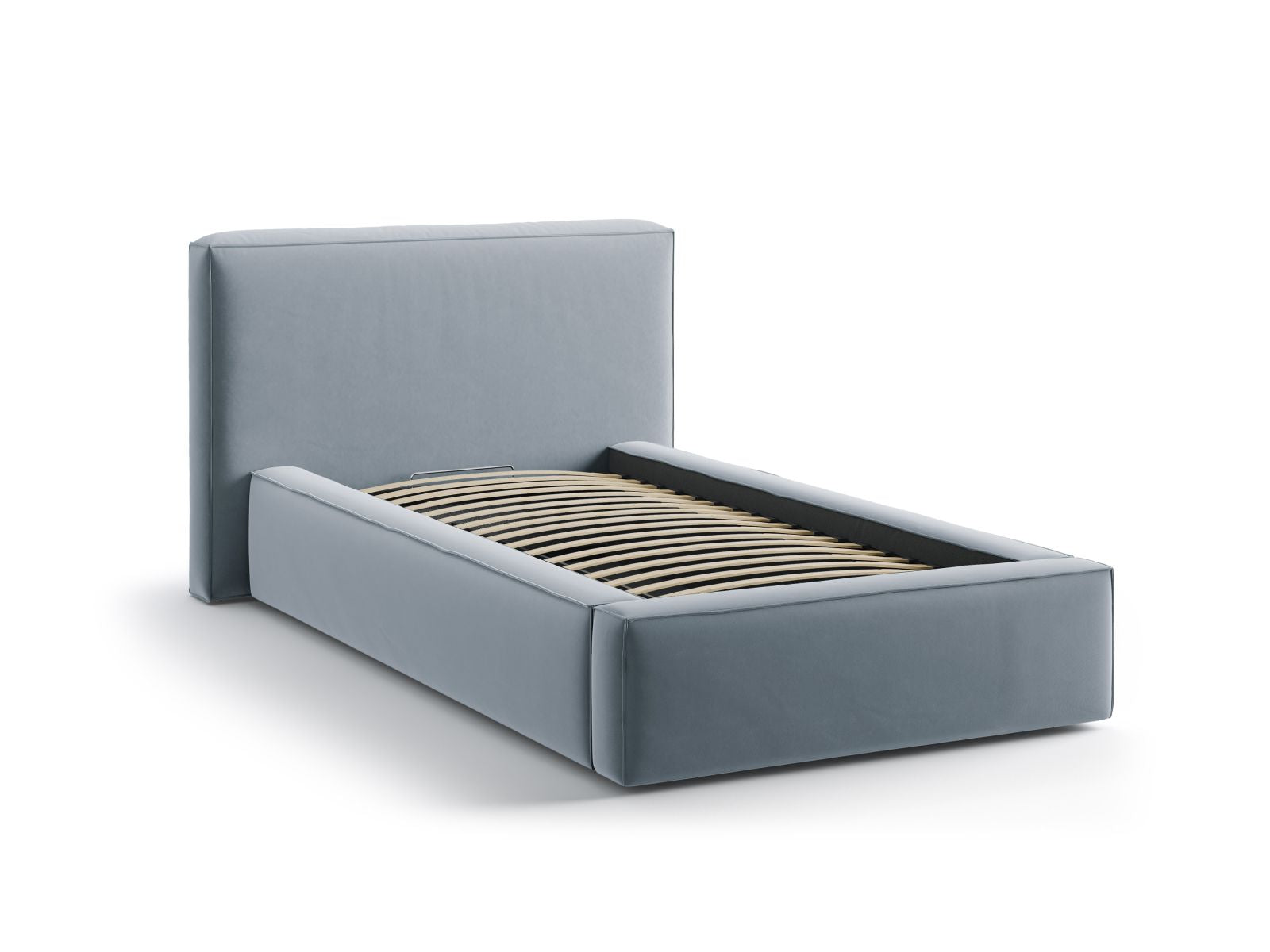 Elegantes Jodie Bett in 90 cm Breite, ausgestattet mit praktischem Stauraum und einem geschmackvollen Kopfteil in sanftem Light Blue-Bluvel.