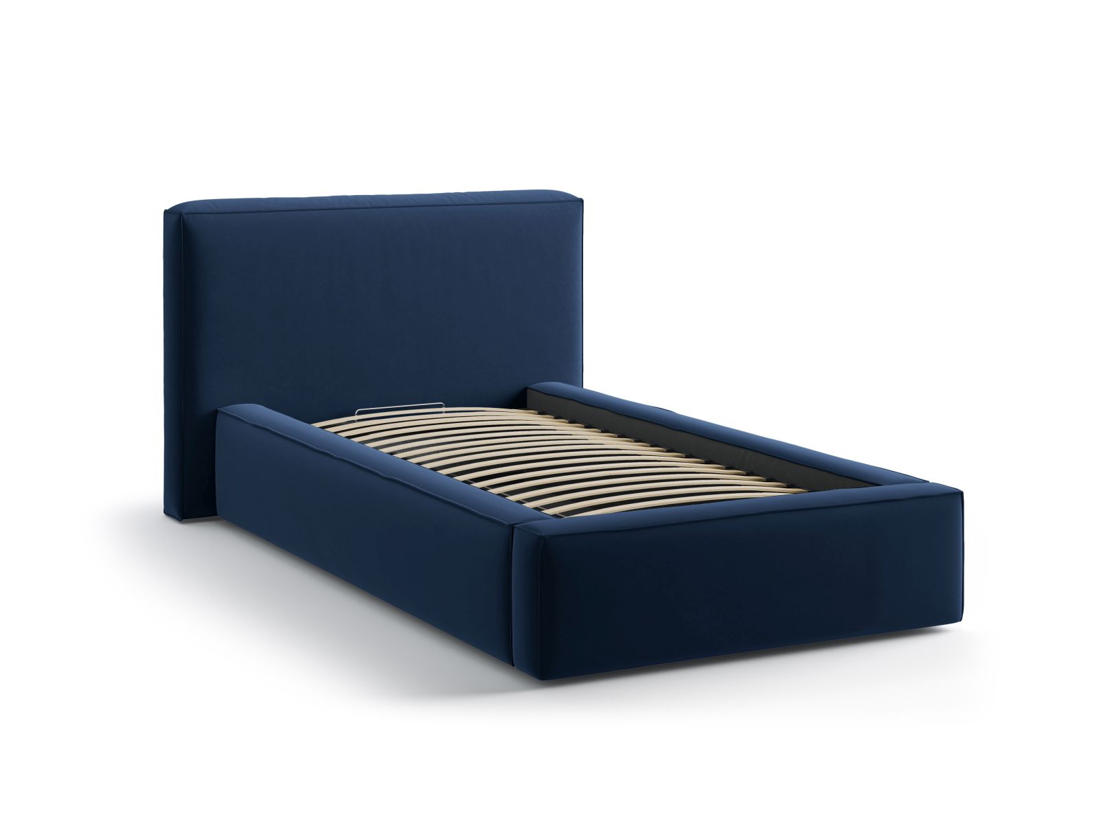 Elegantes Jodie Bett in Royal Blue, 90 cm breit, bietet praktischen Stauraum und ein geschmackvolles Kopfteil für stilvolle Schlafzimmer.