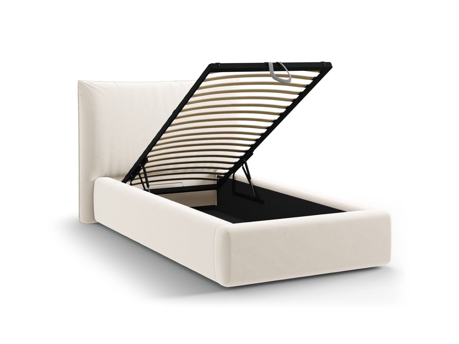Elegantes Kaelle Bett mit 90 cm Breite, cleverem Stauraum und modernem Kopfteil in zartem Beige, perfekt für stilvolle Schlafzimmer.