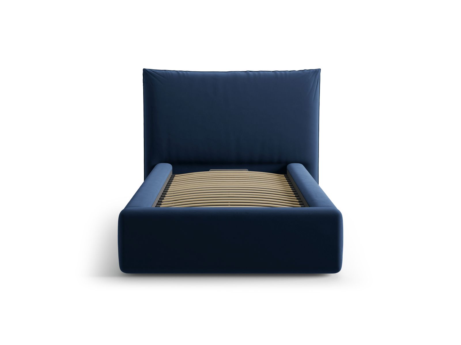 Elegantes Kaelle Bett mit 90 cm Breite, Stauraum und stilvollem Kopfteil in Royal Blue-Bluvel, ideal für moderne Schlafzimmer.