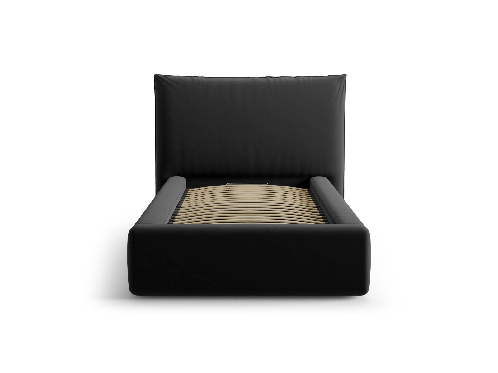 Elegantes Kaelle Bett mit 90 cm Breite, Stauraum und stilvollem Kopfteil in Black-Bluvel, ideal für moderne Schlafzimmer.