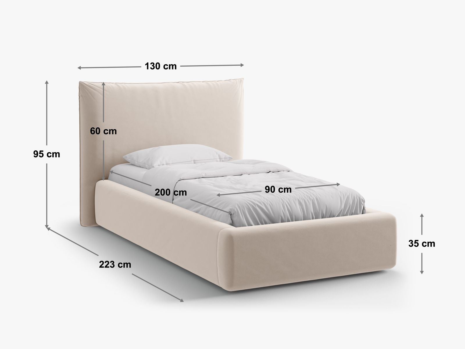 Stylisches Kaelle Bett mit 90 cm Breite, praktischem Stauraum und ansprechendem Kopfteil in Black-Bluvel, perfekt für zeitgemäße Wohnräume.