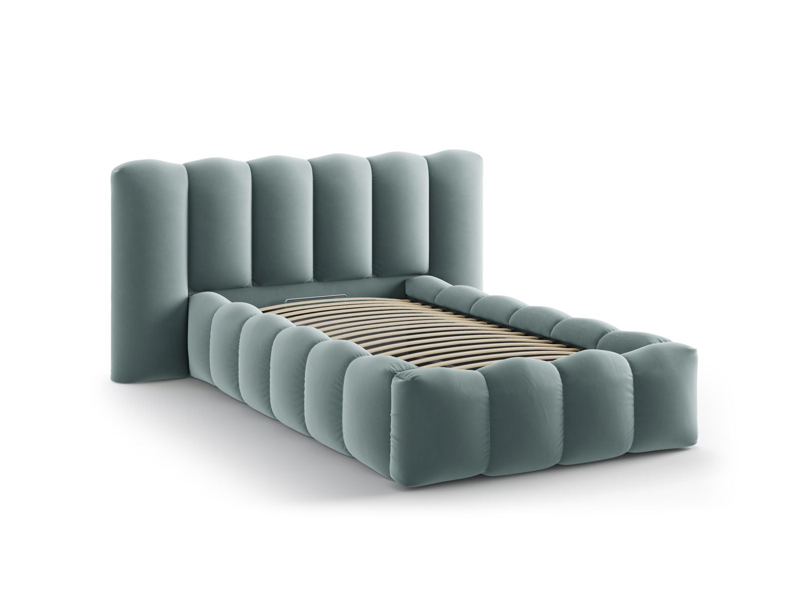 Stylisches Lupine Bett in Mint-Paris, 90 cm breit, bietet cleveren Stauraum und ein elegantes Kopfteil für jedes Schlafzimmer.
