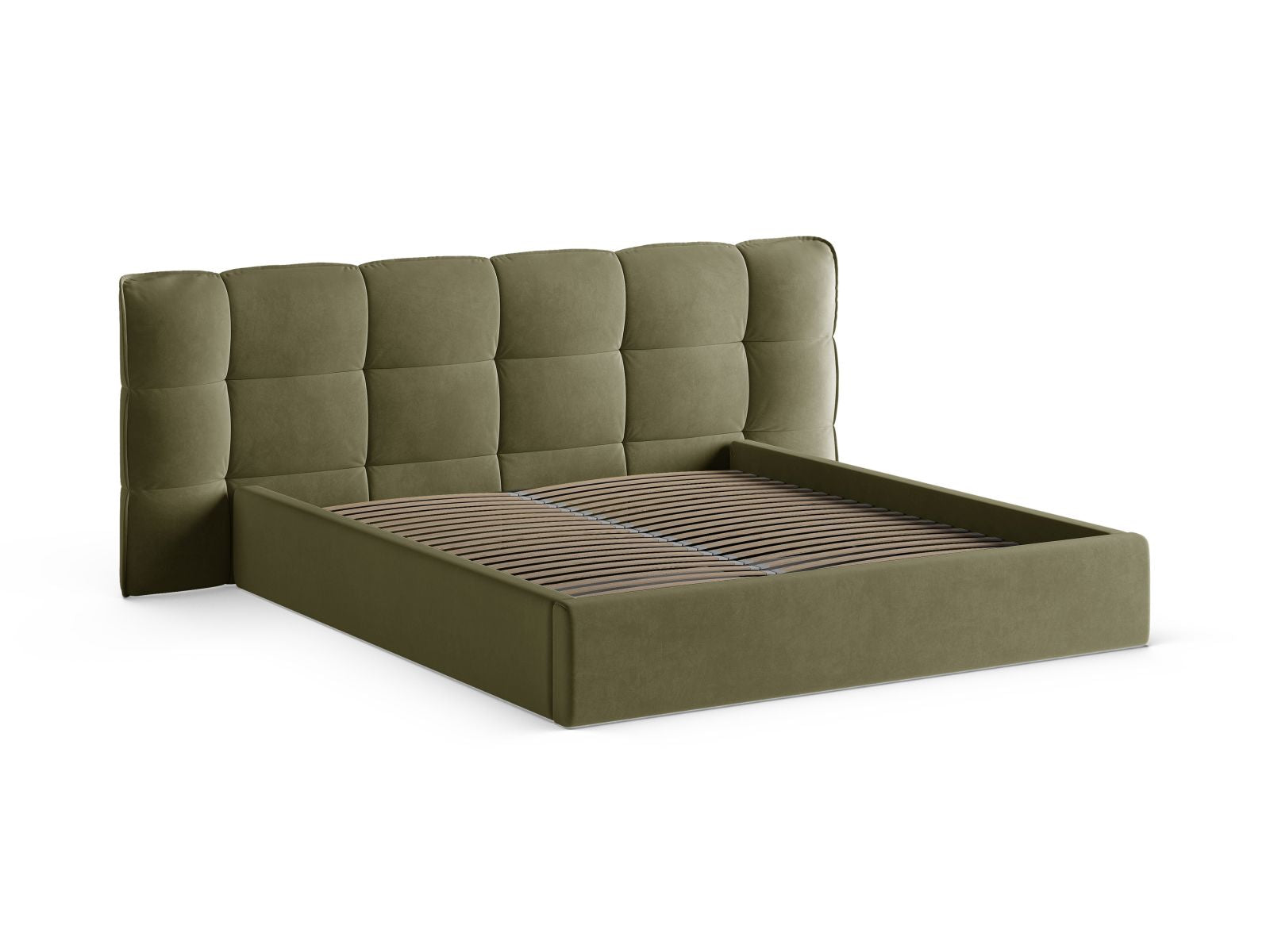 Elegantes Eric Bett in zartem Hellgrün, ausgestattet mit praktischem Stauraum und einem ansprechenden Kopfteil für ein modernes Schlafzimmer.
