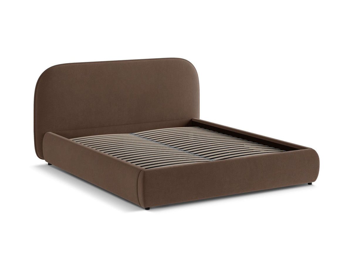 Stauraumbett Murada von Micadoni in Light Beige Melange-Tracy mit gepolstertem Kopfteil, Metallrahmen und schwarzen Kunststoffbeinen, Bettkasten geöffnet sichtbar