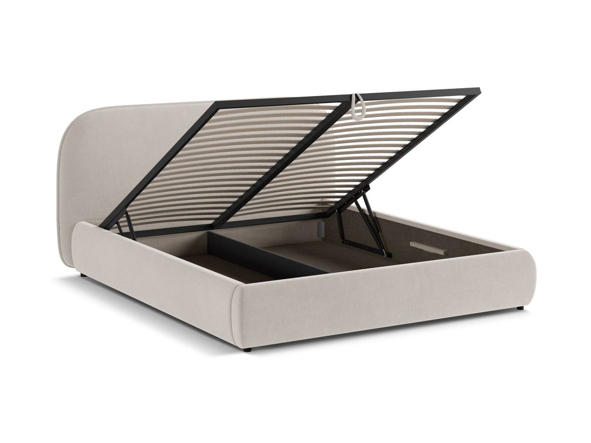 Stauraumbett Murada von Micadoni in Light Beige Melange-Tracy mit gepolstertem Kopfteil, Metallrahmen und schwarzen Kunststoffbeinen, Bettkasten geöffnet sichtbar