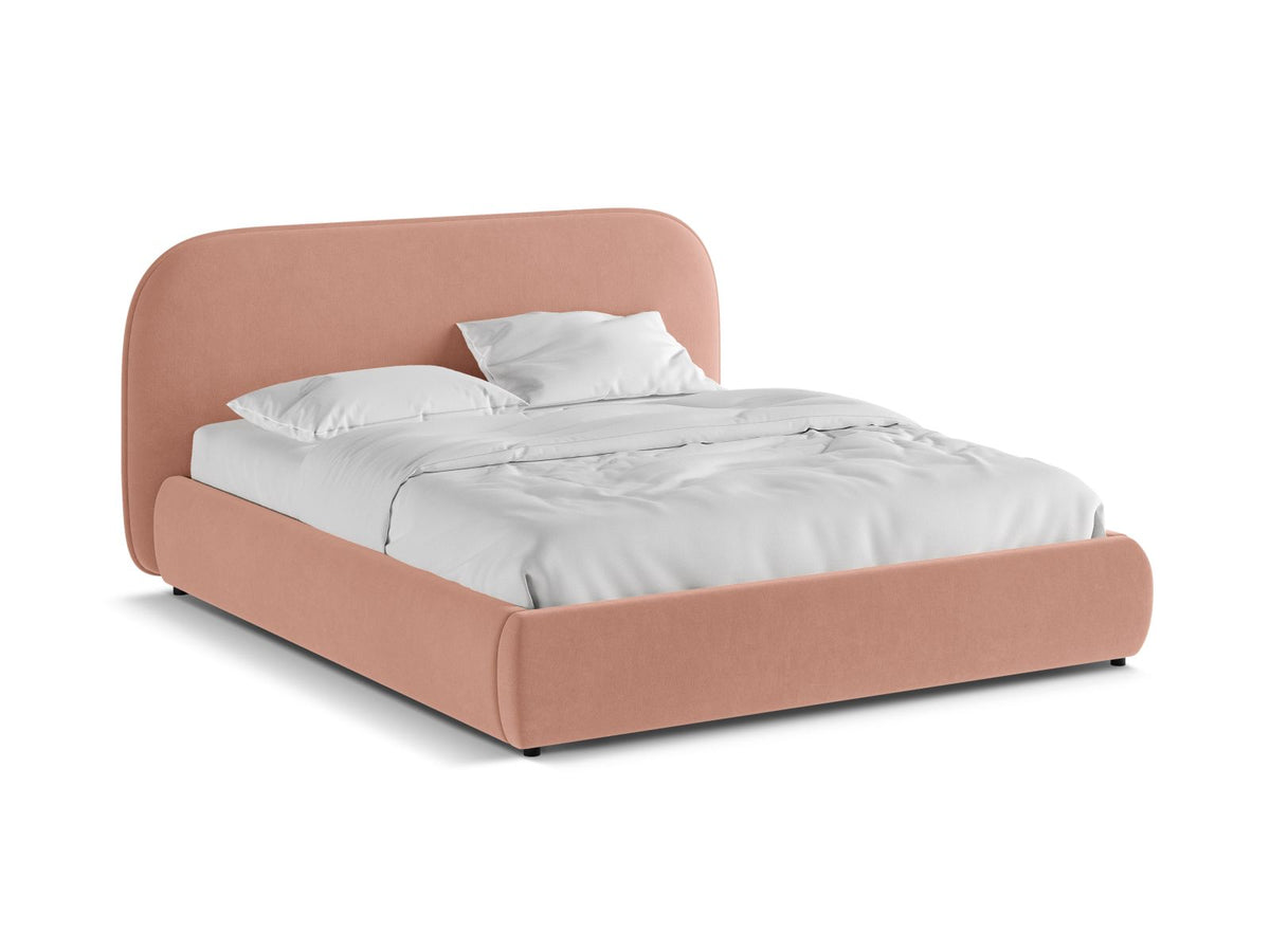 Stauraumbett Murada von Micadoni in Light Beige Melange-Tracy mit gepolstertem Kopfteil, Metallrahmen und schwarzen Kunststoffbeinen, Bettkasten geöffnet sichtbar