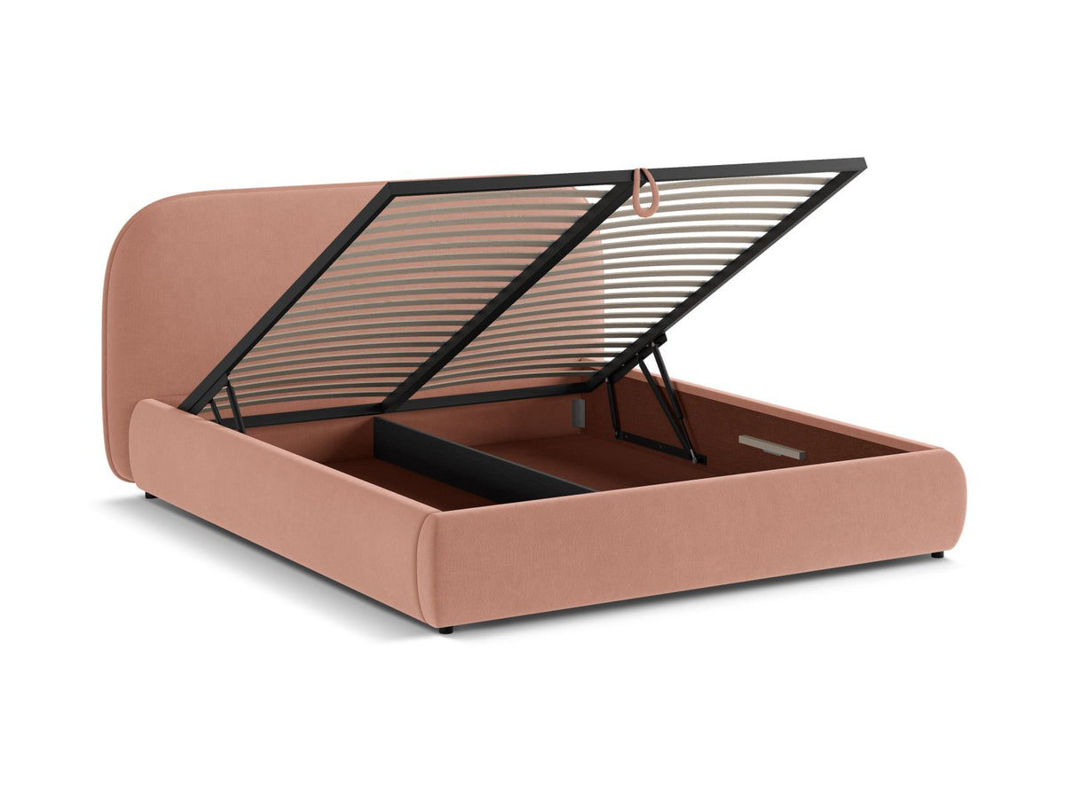 Stauraumbett Murada von Micadoni in Light Beige Melange-Tracy mit gepolstertem Kopfteil, Metallrahmen und schwarzen Kunststoffbeinen, Bettkasten geöffnet sichtbar