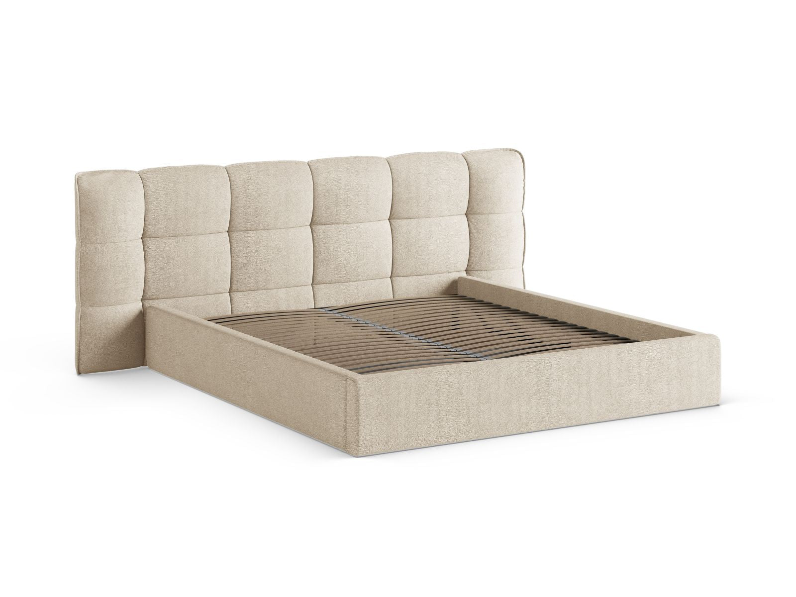 Elegantes Eric Bett mit praktischem Stauraum und stilvollem Kopfteil in sanftem Beige, ideal für moderne Schlafzimmergestaltung.
