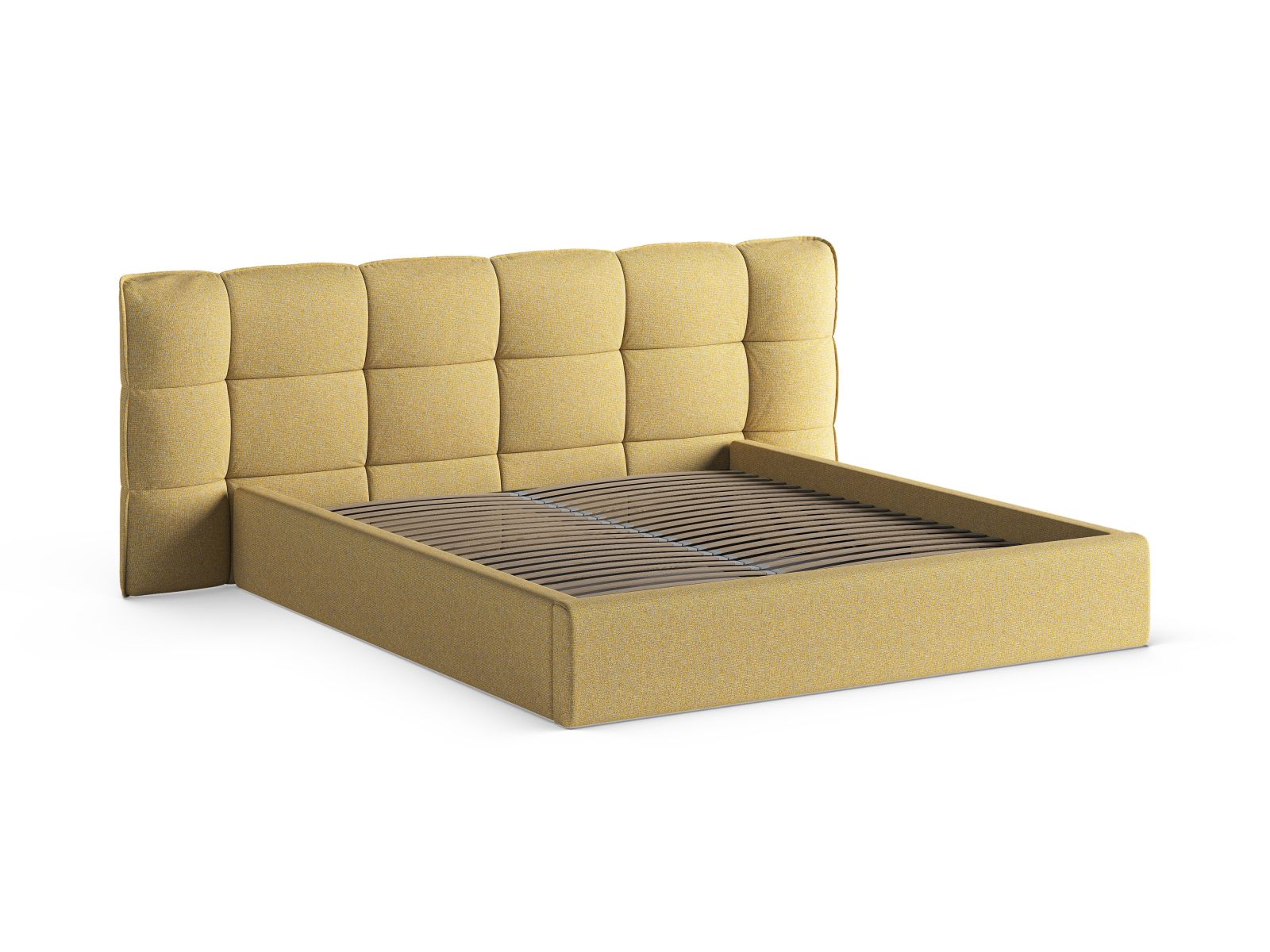 Modernes Eric Bett mit großzügigem Stauraum und ansprechendem Kopfteil in Sunflower Melange-Puente, ideal für stilvolle Schlafzimmer.