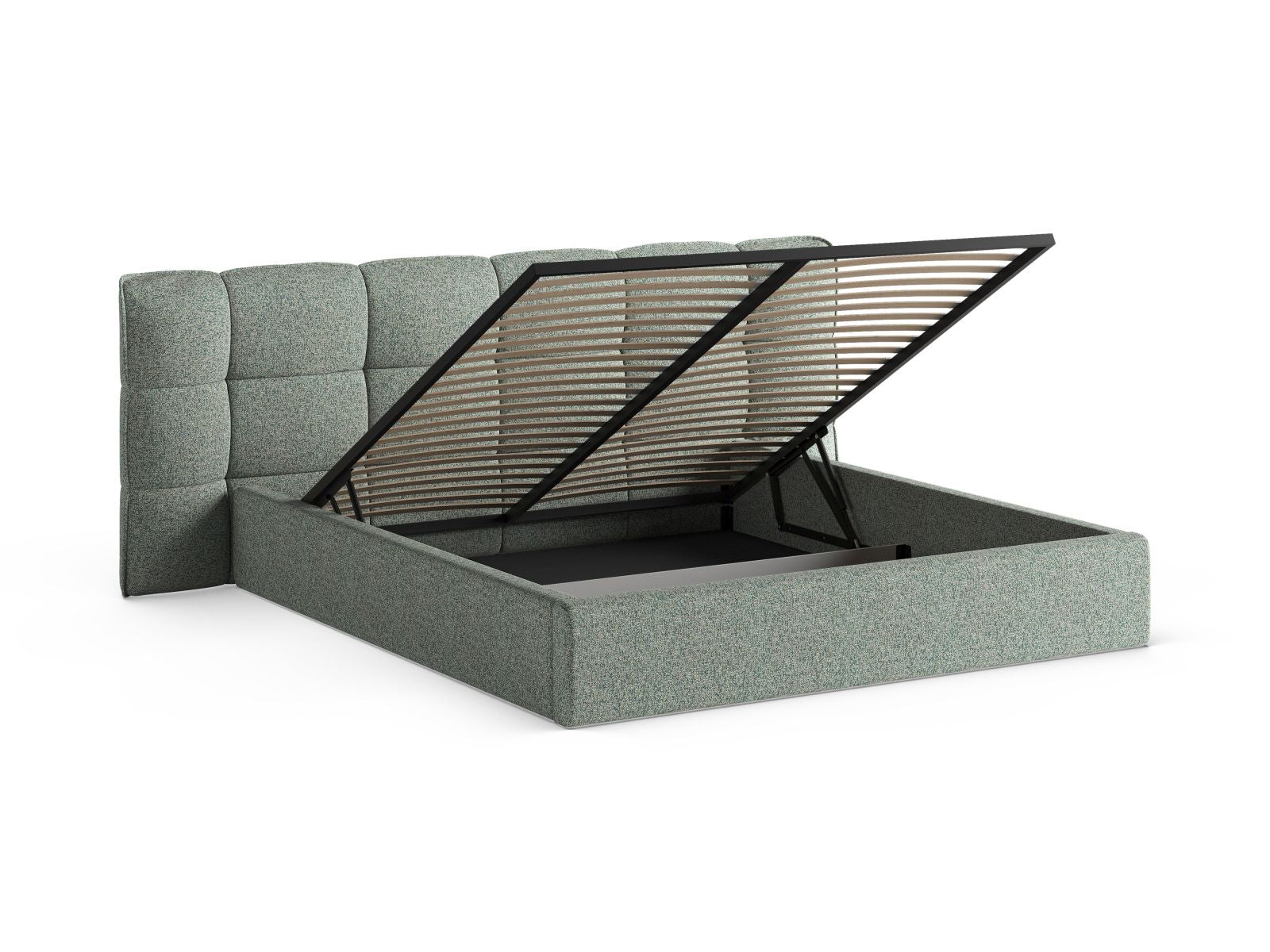 Stylisches Eric Bett mit 200 cm Breite, praktischem Stauraum und ansprechendem Kopfteil in trendigem Moss Green Melange für Ihr Schlafzimmer.