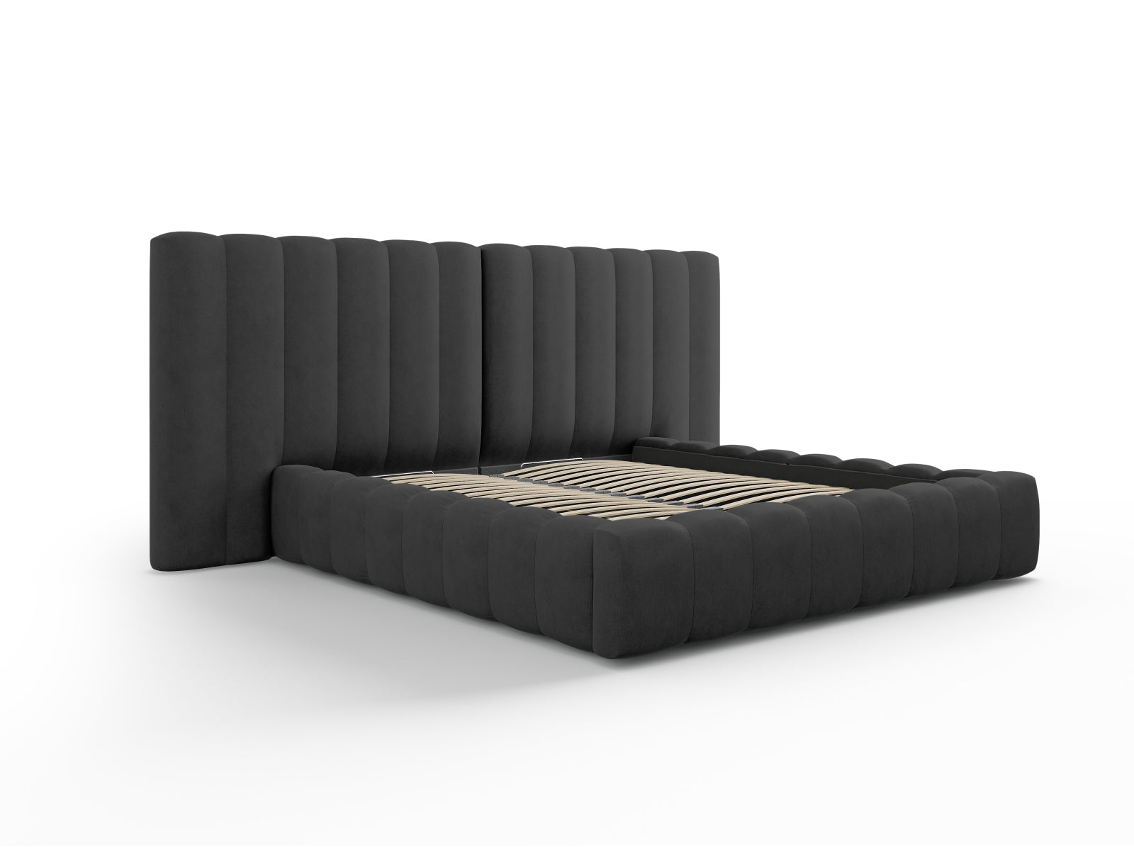 Erleben Sie das Kelp Bett von Micadoni: modernes Design, cleverer Stauraum und ein luxuriöses doppeltes Headboard für optimalen Schlafkomfort.