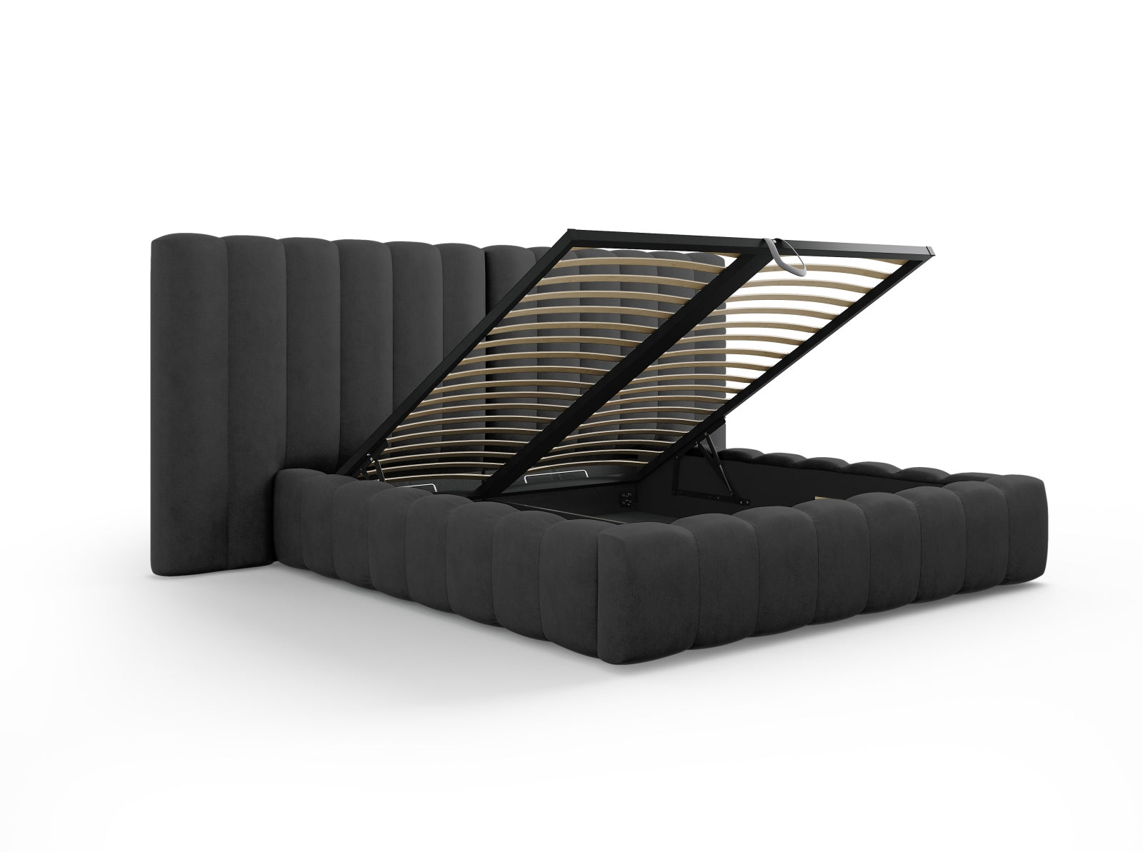 Entdecken Sie das Kelp Bett von Micadoni: stilvolles Design, praktischer Stauraum und ein elegantes doppeltes Headboard für höchsten Schlafkomfort.
