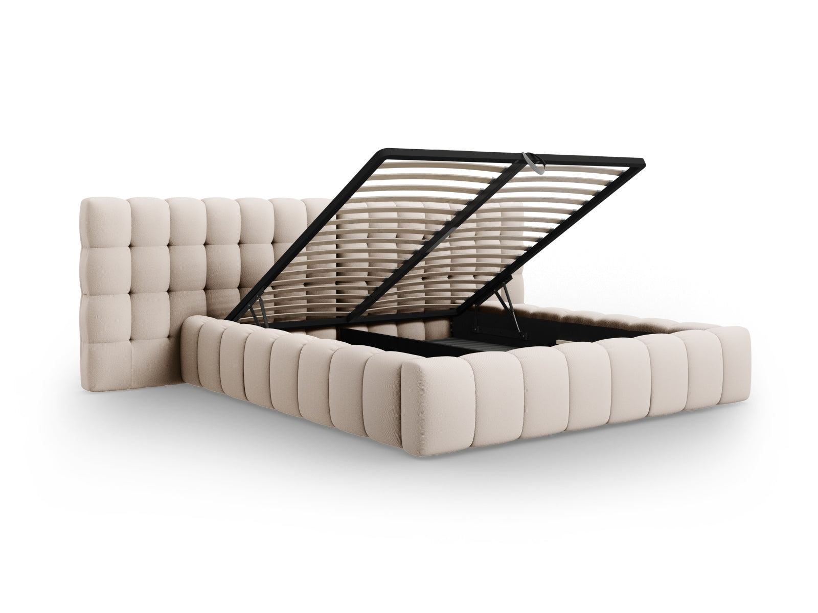 Erleben Sie das Mamaia Bett von Micadoni: 200 cm Liegefläche, stilvolles doppeltes Headboard und cleverer Stauraum für ein aufgeräumtes Schlafzimmer.