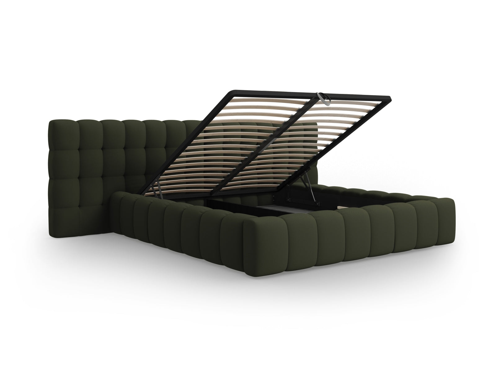 Stylisches Mamaia Bett mit doppeltem Kopfteil und integriertem Stauraum, 140 cm breit, perfekt für moderne und funktionale Schlafzimmer.