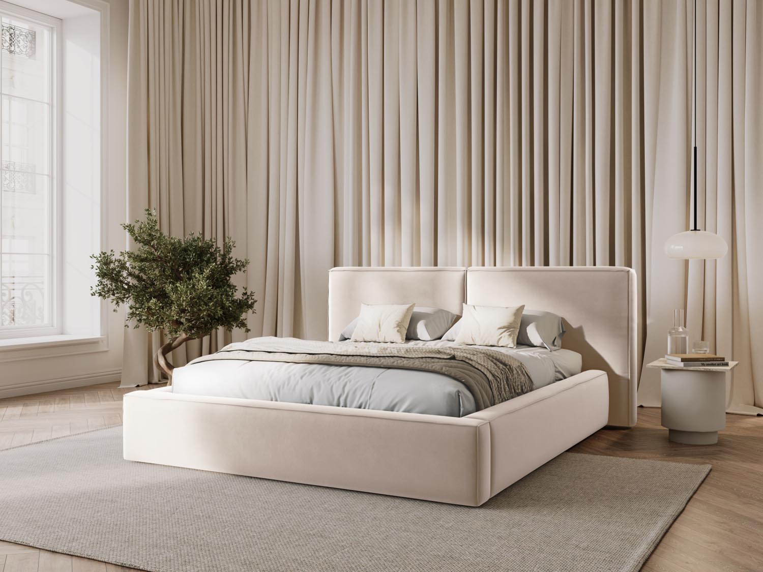Elegantes Jodie Velour Bett in Light Beige-Bluvel mit praktischem Stauraum und doppeltem Kopfteil, ideal für stilvolle Schlafzimmer.