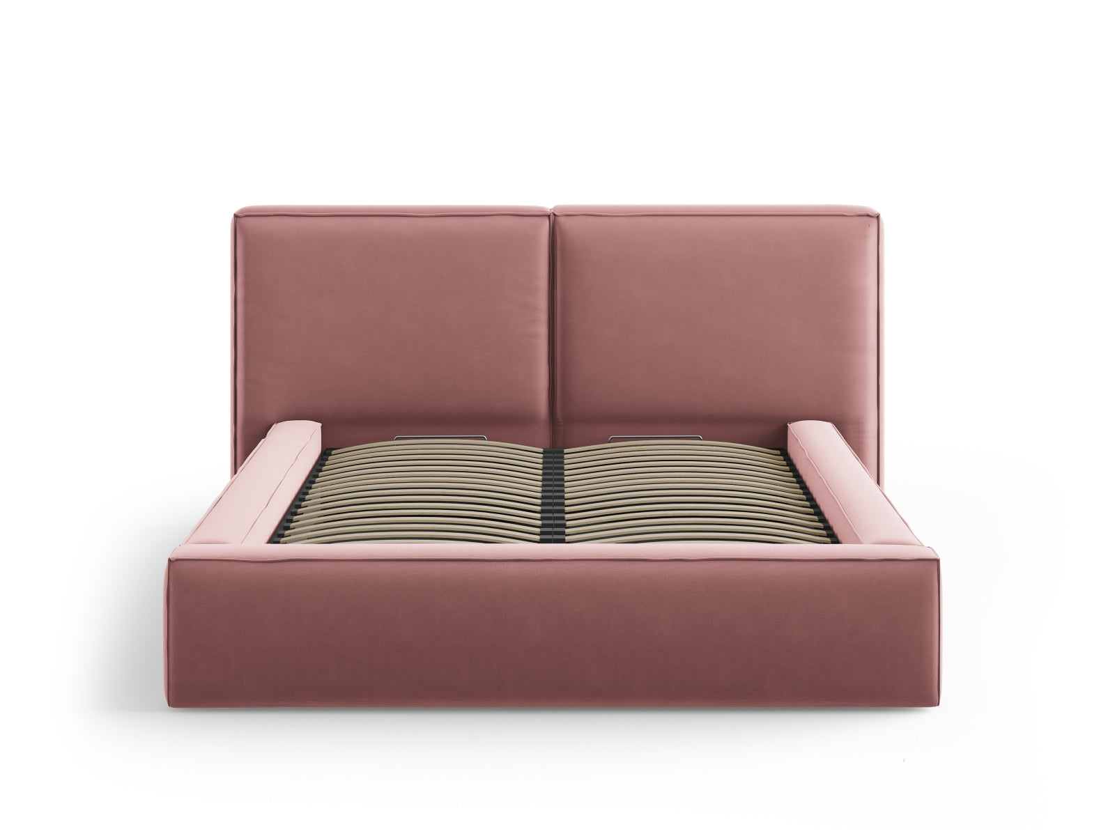 Elegantes Jodie Velour Bett in zarten Farben mit großzügigem Stauraum und einem doppelten Kopfteil für zusätzlichen Komfort.