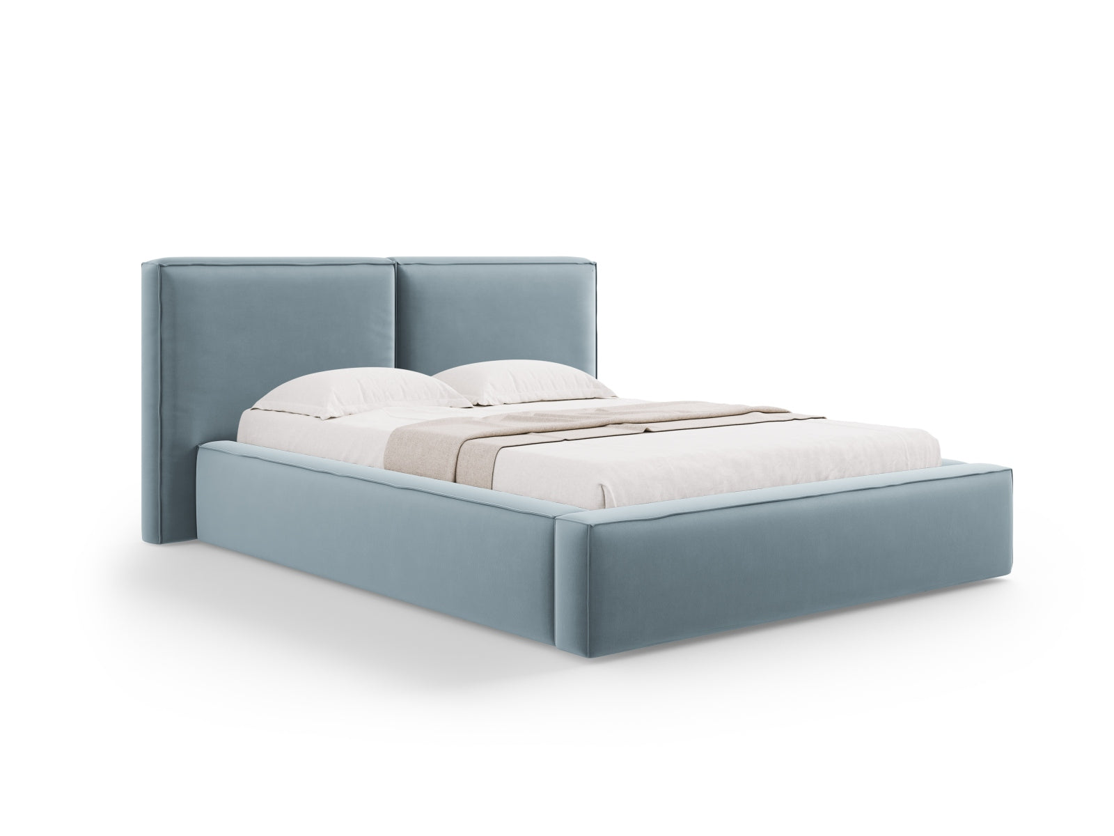 Jodie Velour Bett mit Strauaum und doppeltem Headboard 140cm in Light Blue-Bluvel präsentiert im Onlineshop von KAQTU Design AG. Bett ist von Micadoni