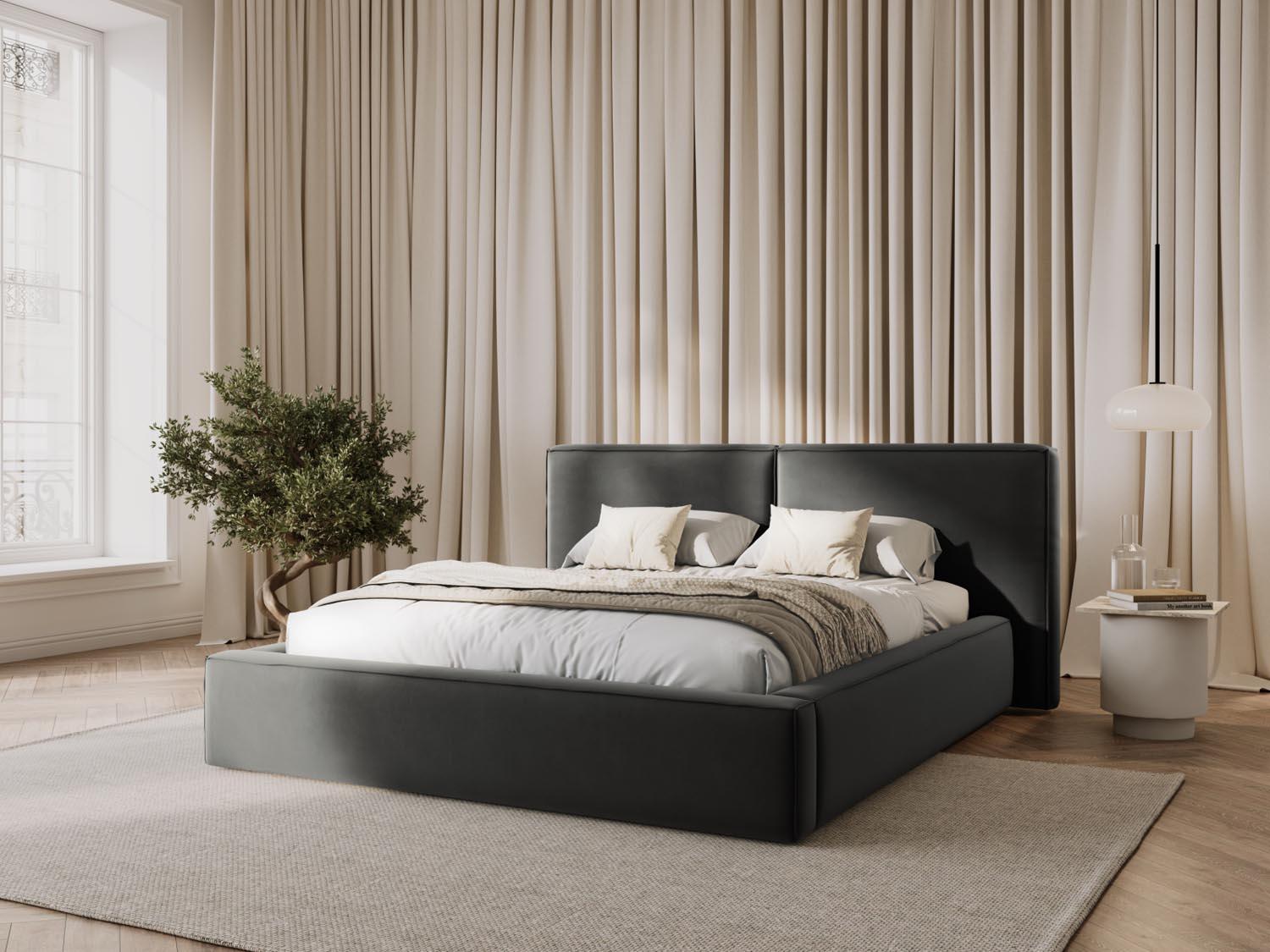 Elegantes Jodie Velour Bett in Light Grey-Bluvel mit praktischem Stauraum und doppeltem Kopfteil, ideal für stilvolle Schlafzimmer.