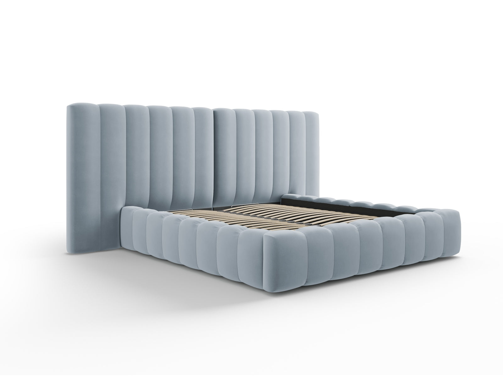 Erleben Sie das elegante Kelp Velour Bett von Micadoni – ausgestattet mit praktischem Stauraum und einem komfortablen Doppelkopfteil für besten Schlaf.