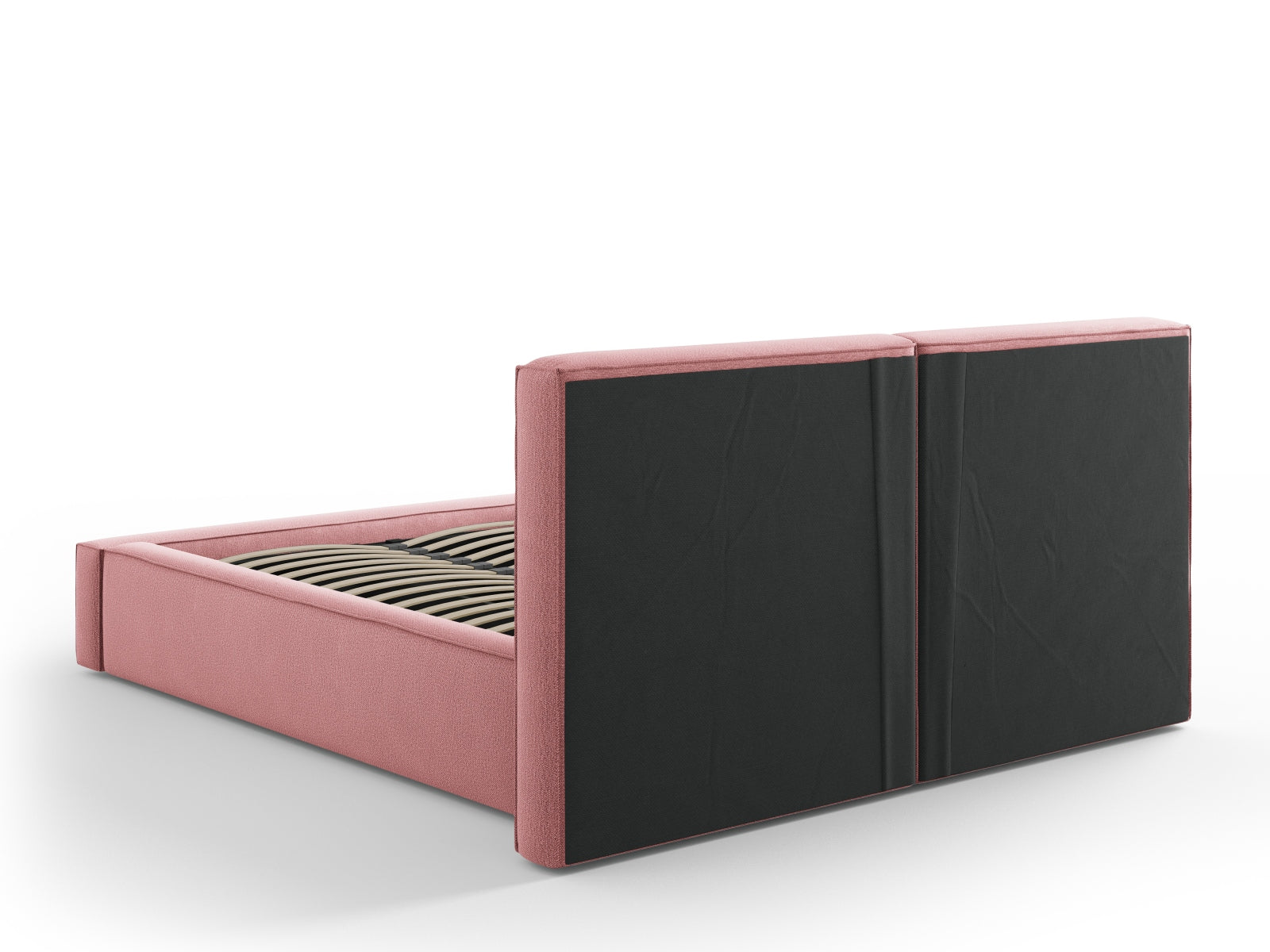 Elegantes Jodie Bett in zartem Rosa, bietet cleveren Stauraum und ein doppelt gepolstertes Kopfteil für optimalen Schlafkomfort.