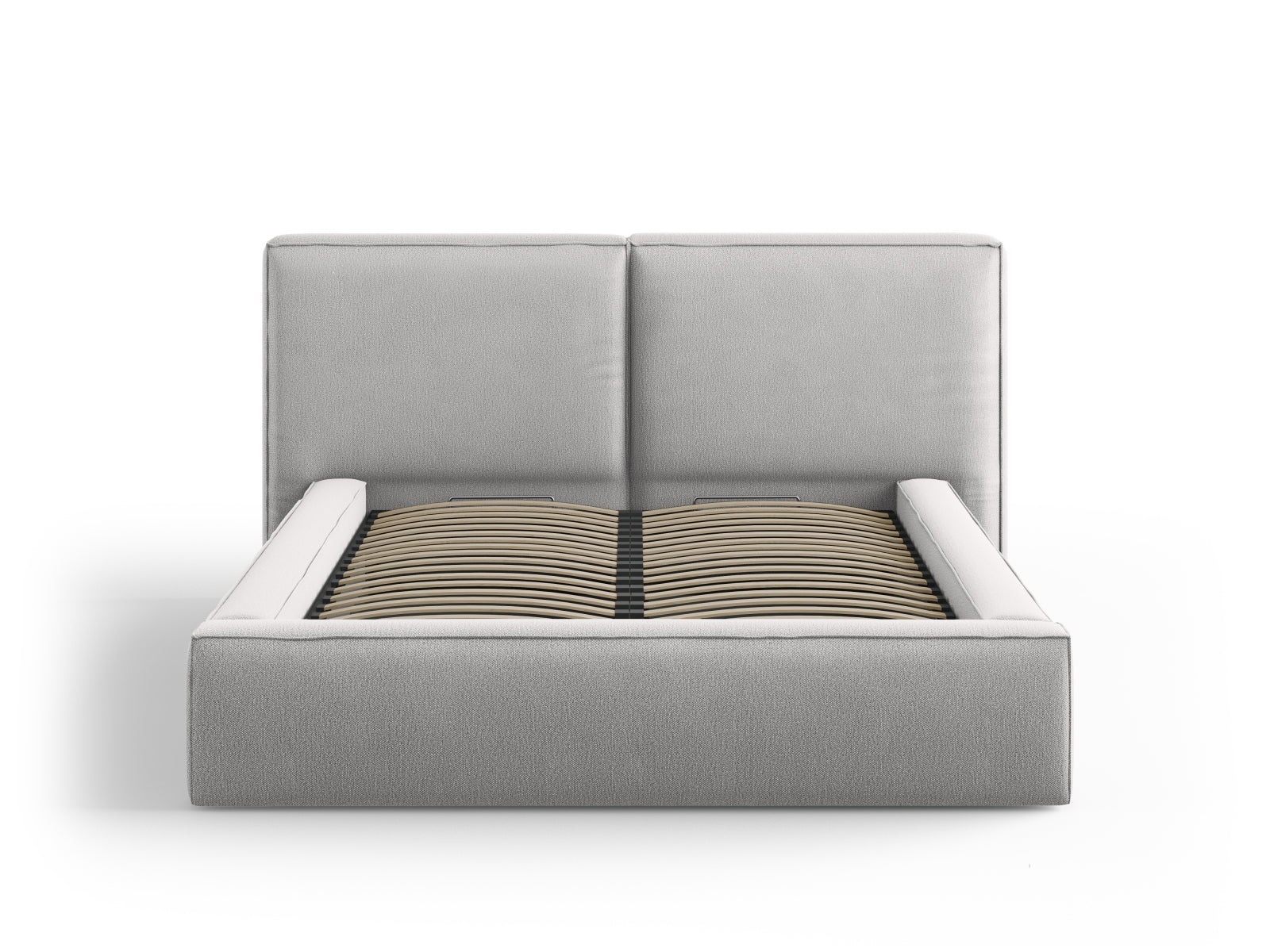 Elegantes Jodie Bett in Light Grey mit praktischem Stauraum und doppeltem Headboard, ideal für stilvolle Schlafzimmergestaltung.