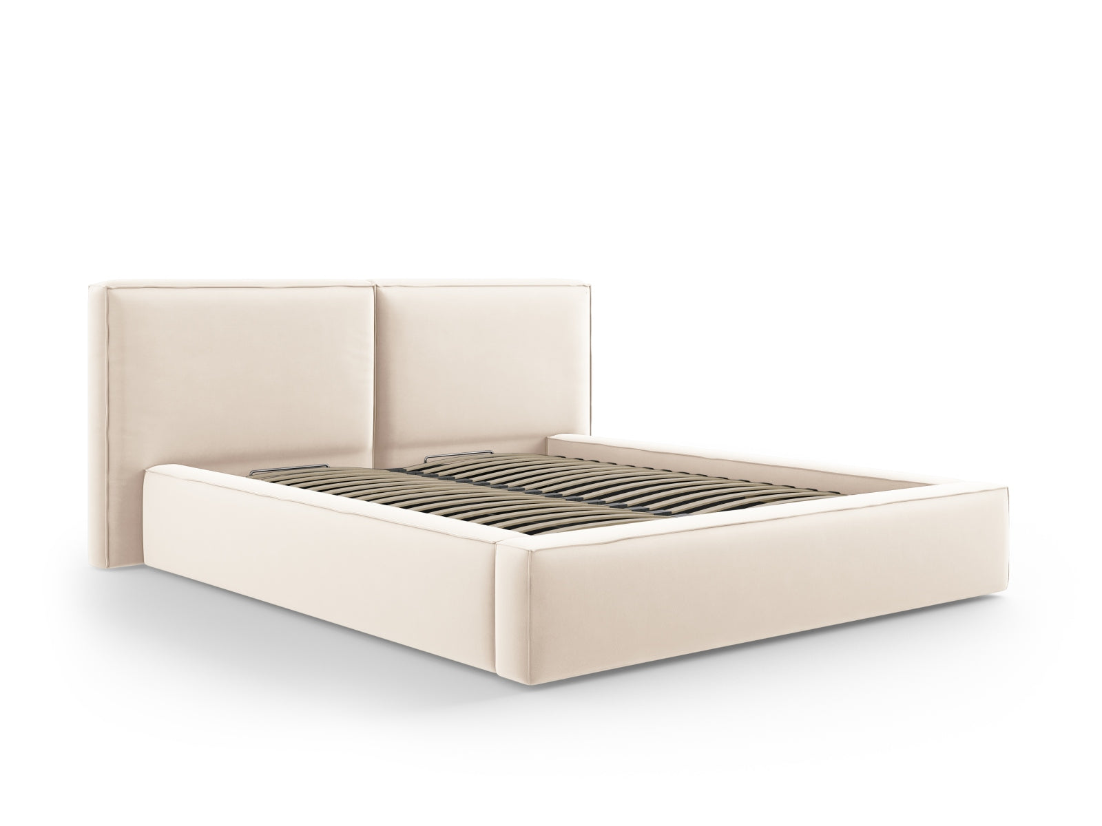 Erleben Sie das Jodie Velour Bett von Micadoni: 214 cm, luxuriöser Velourstoff, doppeltes Headboard und cleverer Stauraum für ein stilvolles Schlafzimmer.