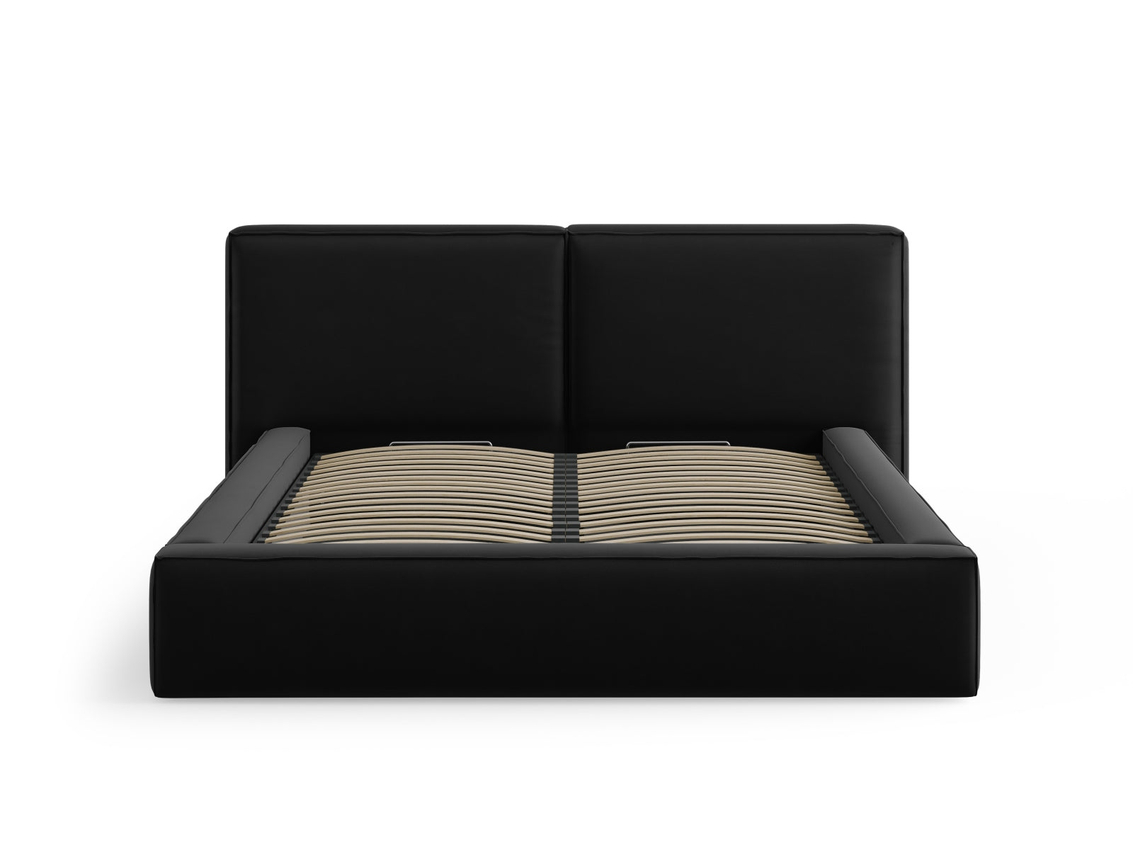 Elegantes Jodie Velour Bett in Schwarz mit doppeltem Kopfteil und praktischem Stauraum, ideal für stilvolle Schlafzimmer.
