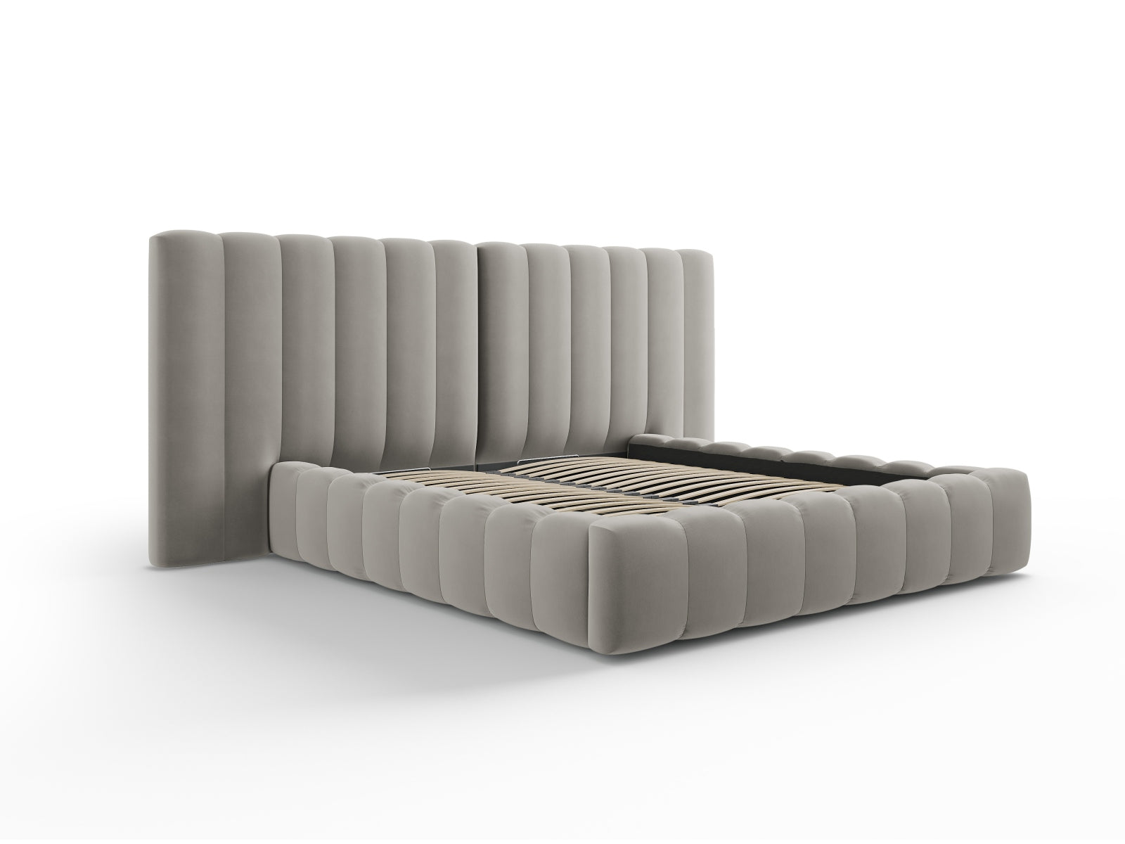 Erleben Sie das elegante Kelp Velour Bett von Micadoni – ausgestattet mit praktischem Stauraum und einem komfortablen Doppelkopfteil für besten Schlaf.