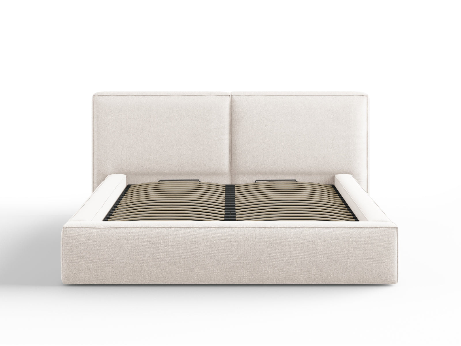 Elegantes Jodie Bett in Light Beige mit praktischem Stauraum und doppeltem Kopfteil, ideal für stilvolle Schlafzimmergestaltung.