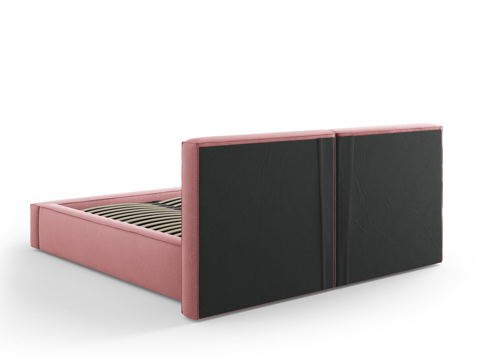 Elegantes Jodie Bett in zartem Rosa, bietet cleveren Stauraum und ein doppelt gepolstertes Kopfteil für optimalen Schlafkomfort.