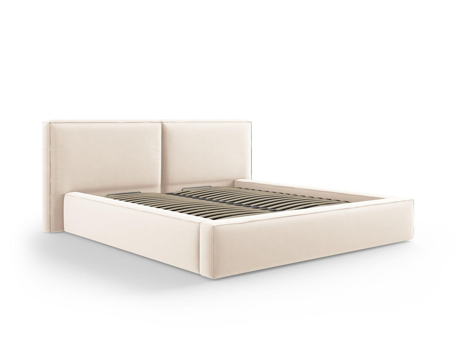 Erleben Sie das elegante Jodie Velour Bett von Micadoni mit doppeltem Headboard und cleverem Stauraum. Perfekt für stilvolle Schlafzimmer!