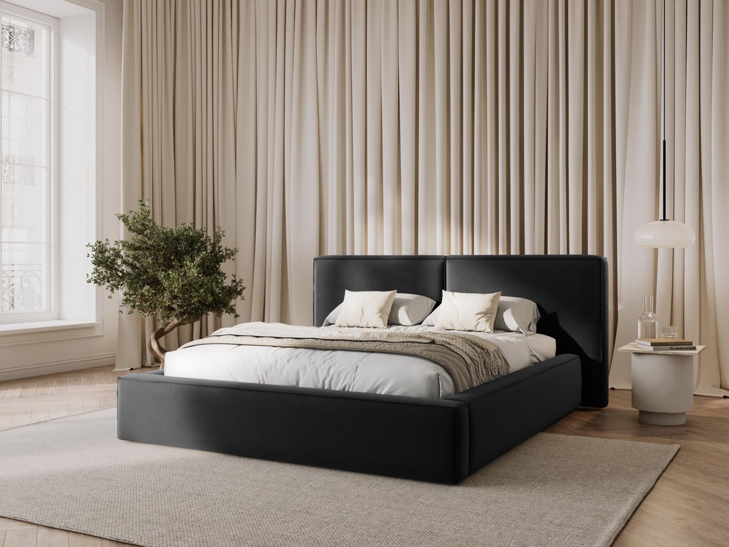 Entdecken Sie das stilvolle Jodie Velour Bett von Micadoni mit doppeltem Headboard und praktischem Stauraum. Ideal für Ihr Schlafzimmer!