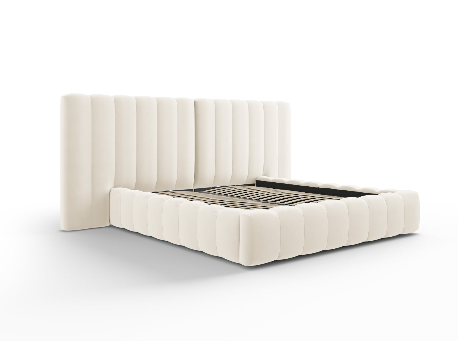 Erleben Sie das elegante Kelp Velour Bett von Micadoni – ausgestattet mit praktischem Stauraum und einem komfortablen Doppelkopfteil für besten Schlaf.