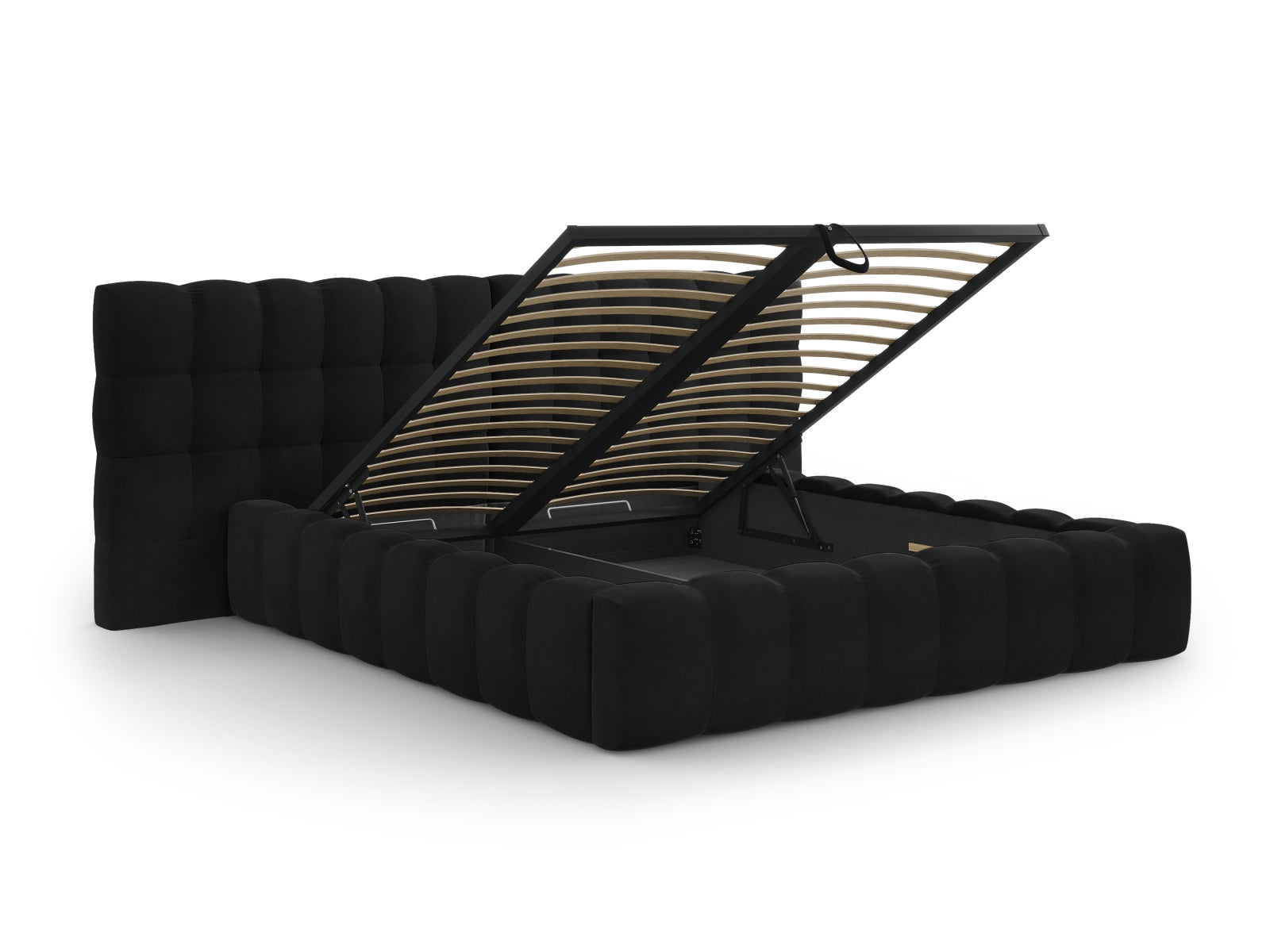 Schwarzes Mamaia Velour Bett mit praktischem Stauraum und doppeltem Kopfteil, ideal für ein stilvolles Schlafzimmer.