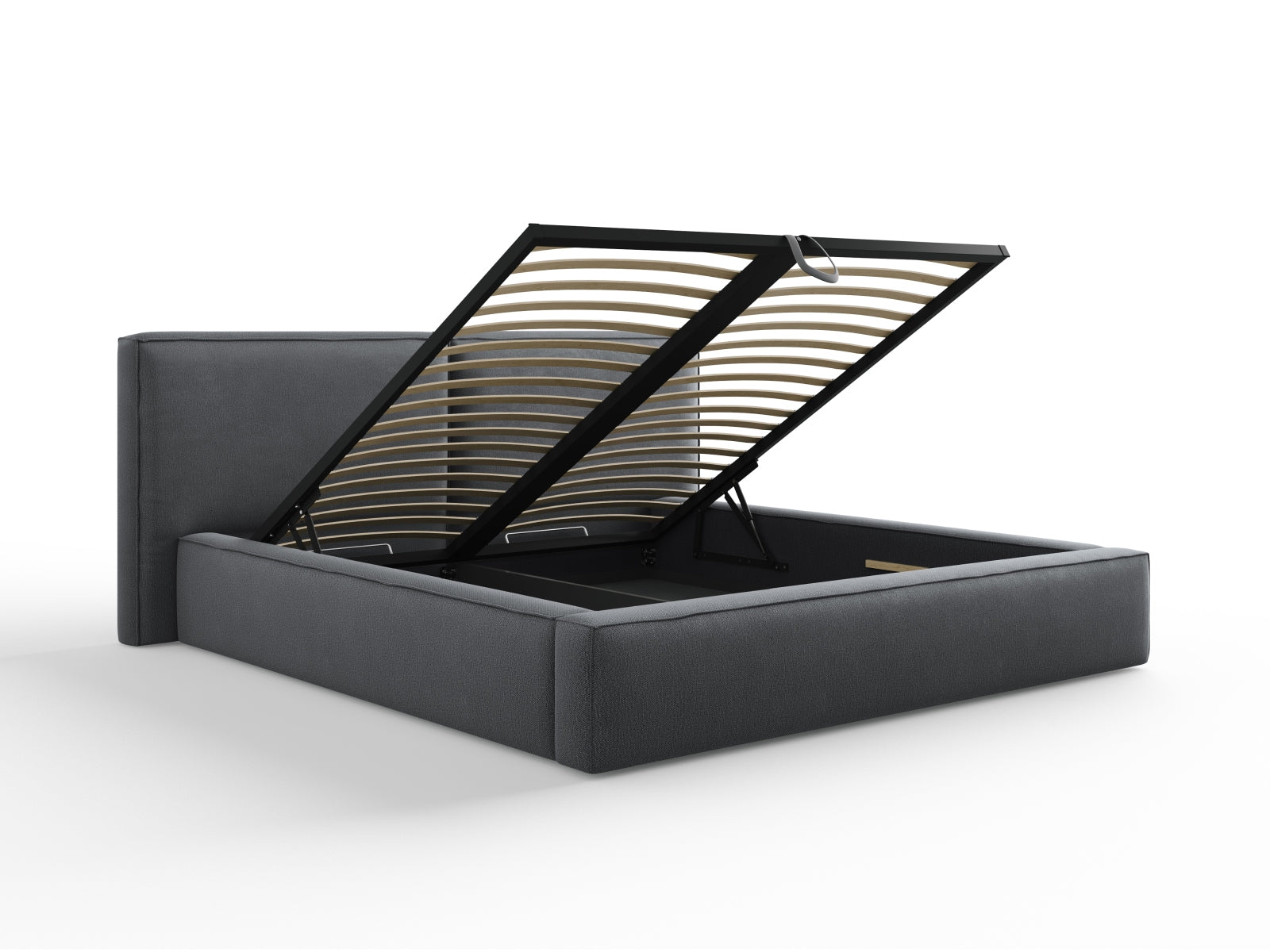 Erleben Sie das Jodie Bett von Micadoni: Elegantes Design mit doppeltem Headboard und praktischer Stauraumfunktion für ein aufgeräumtes Schlafzimmer.