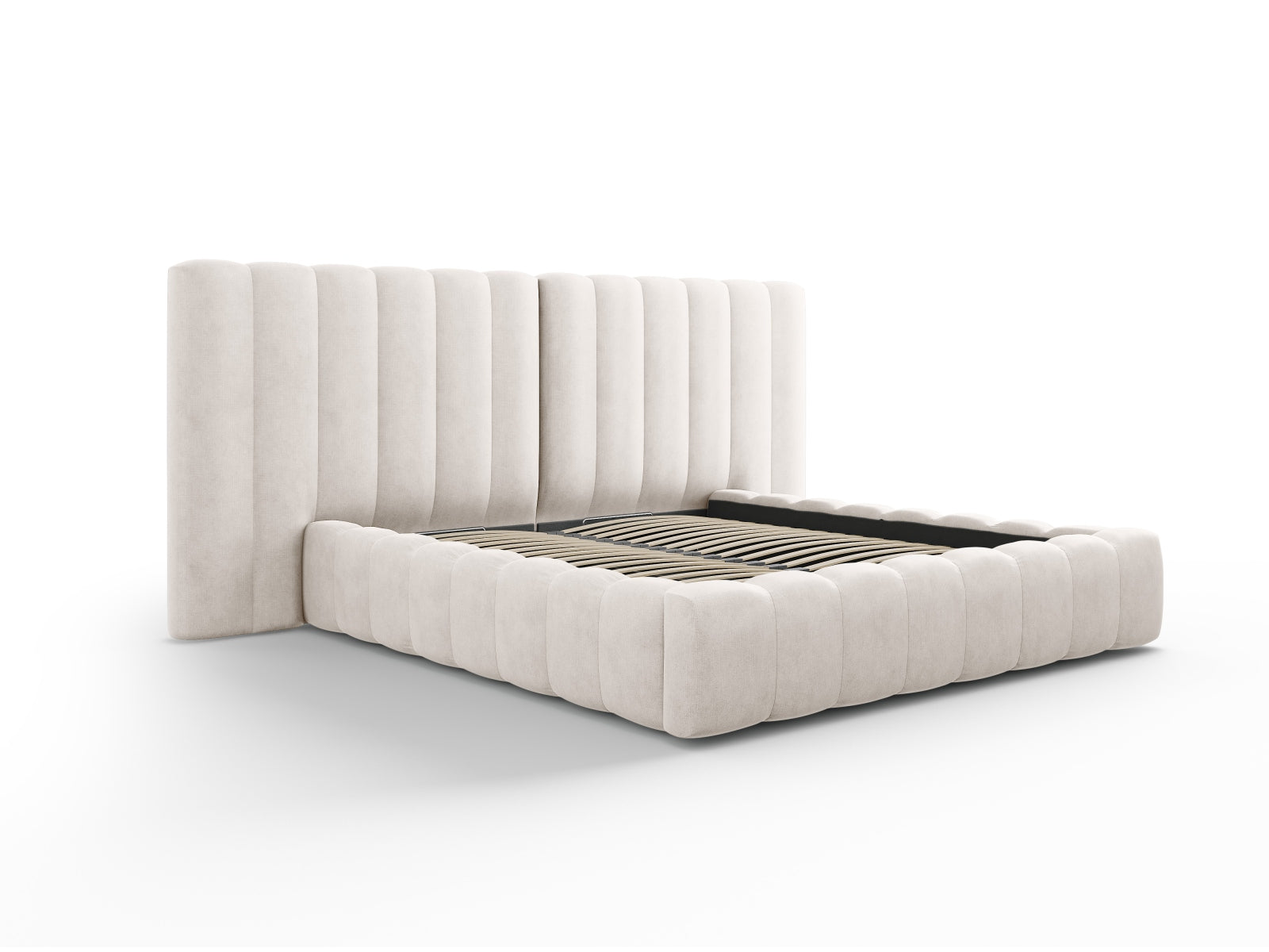 Erleben Sie das Kelp Bett von Micadoni: modernes Design, cleverer Stauraum und ein luxuriöses doppeltes Headboard für optimalen Schlafkomfort.